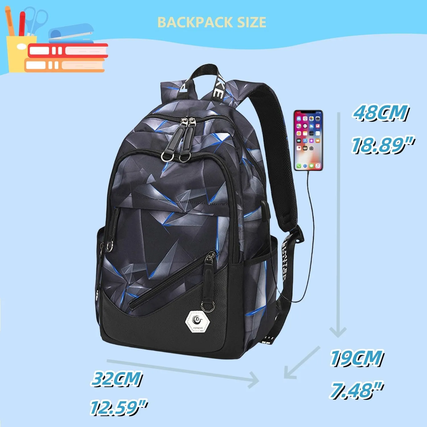 Geometric-Print School Backpack for Teen Boys Laptop Bookbag with USB Charging Port Kids School Bag for Elementary Black Blue