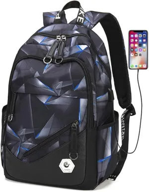 Geometric-Print School Backpack for Teen Boys Laptop Bookbag with USB Charging Port Kids School Bag for Elementary Black Blue