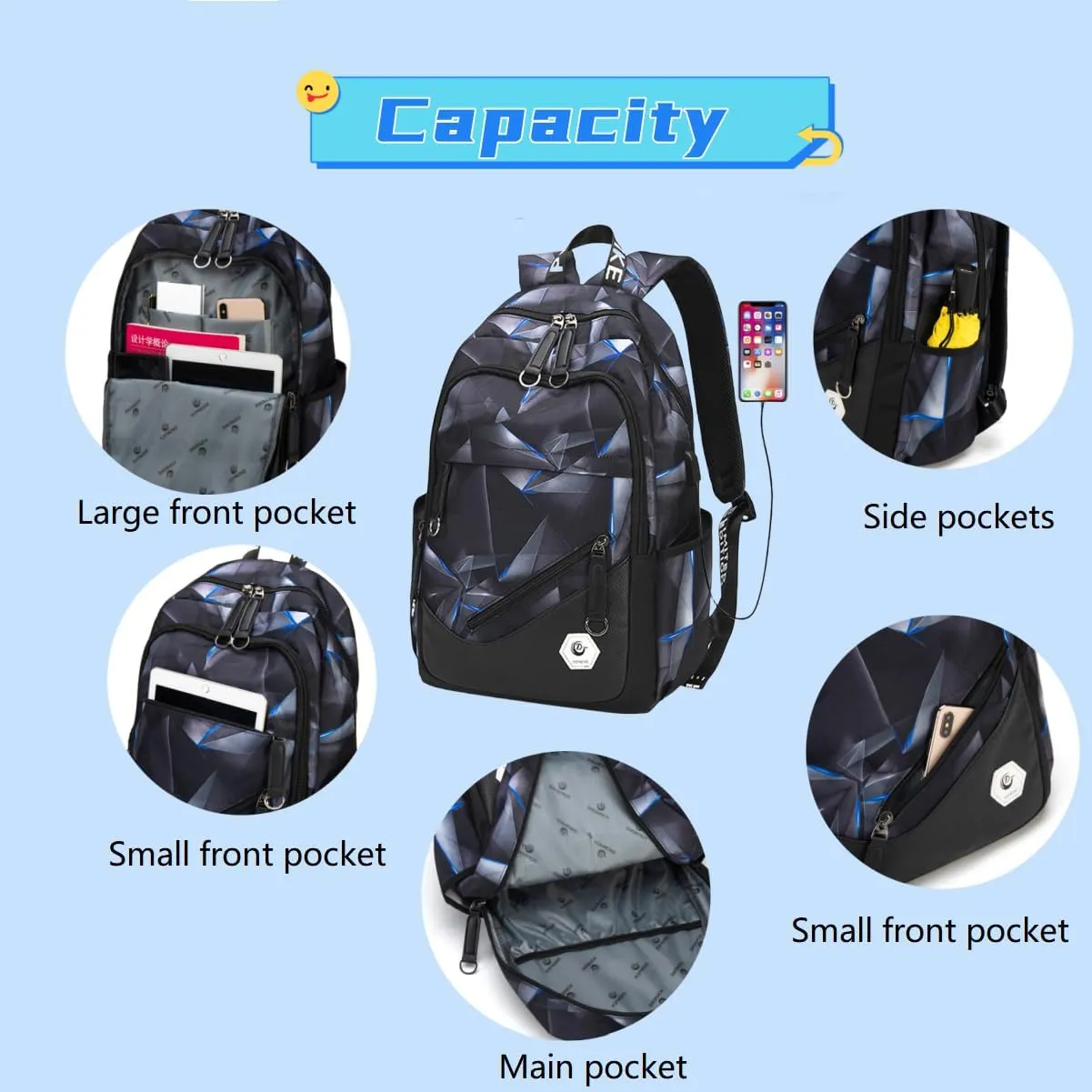 Geometric-Print School Backpack for Teen Boys Laptop Bookbag with USB Charging Port Kids School Bag for Elementary Black Blue