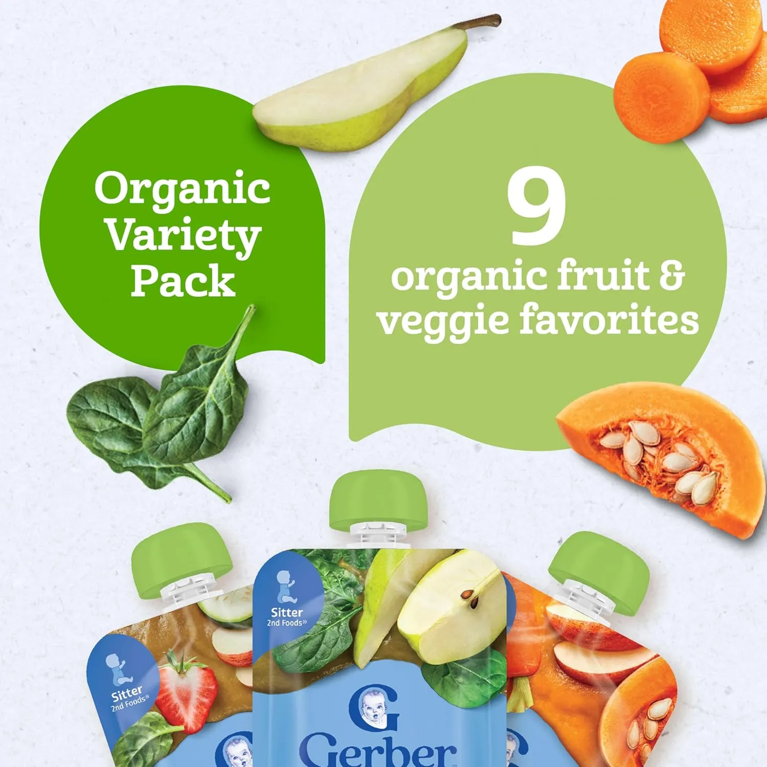 Gerber Stage 2 Baby Food, Organic Fruit and Veggie Favorites Puree Pouches Variety Pack, No Added Sweetener, Baby Food Pouches, 9-Pack