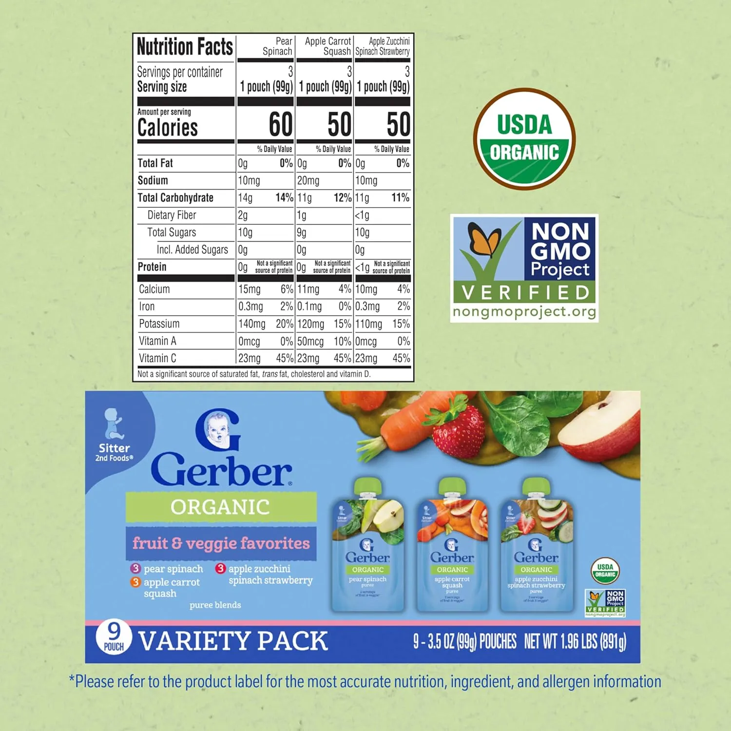 Gerber Stage 2 Baby Food, Organic Fruit and Veggie Favorites Puree Pouches Variety Pack, No Added Sweetener, Baby Food Pouches, 9-Pack