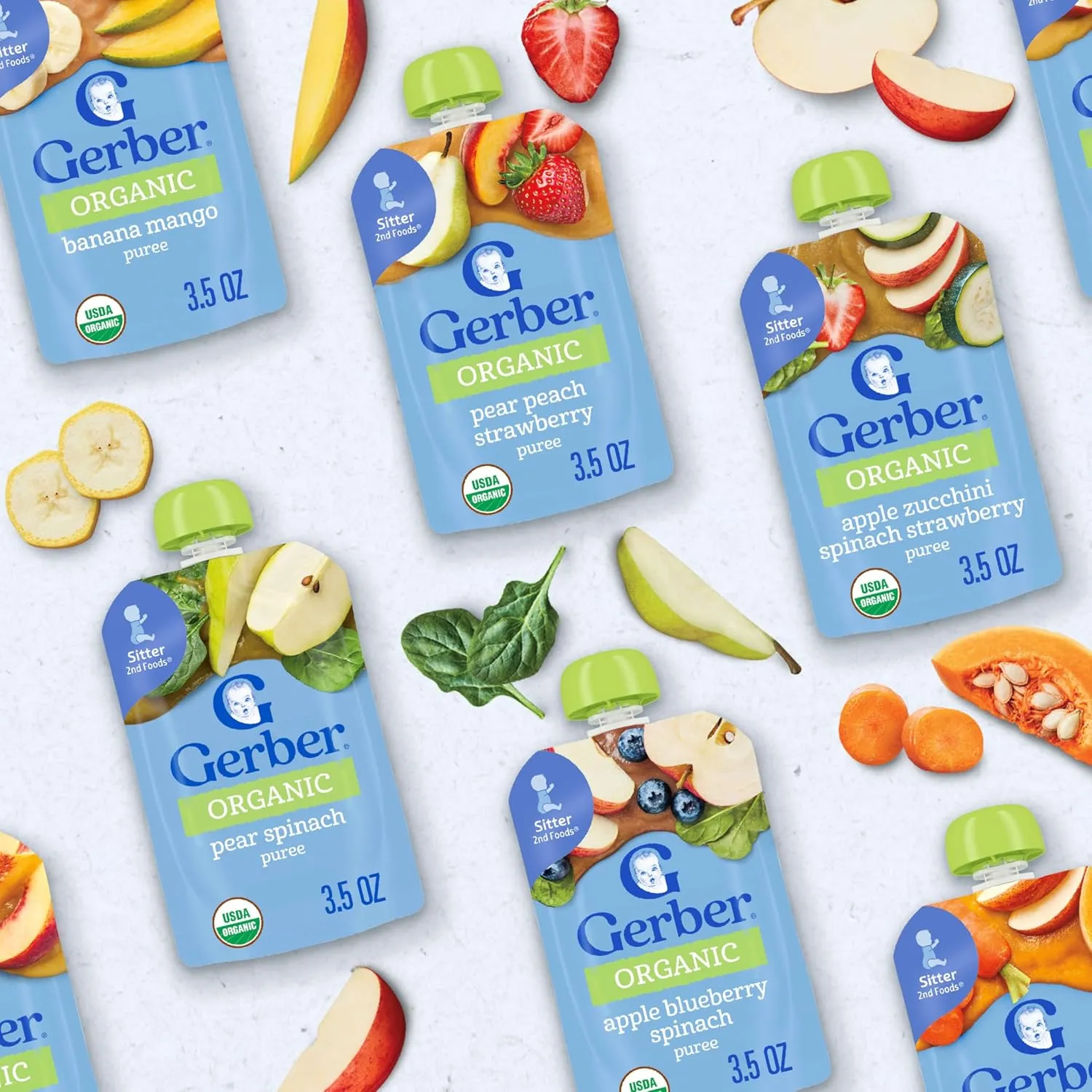 Gerber Stage 2 Baby Food, Organic Fruit and Veggie Favorites Puree Pouches Variety Pack, No Added Sweetener, Baby Food Pouches, 9-Pack