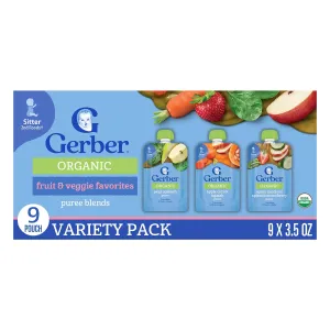 Gerber Stage 2 Baby Food, Organic Fruit and Veggie Favorites Puree Pouches Variety Pack, No Added Sweetener, Baby Food Pouches, 9-Pack