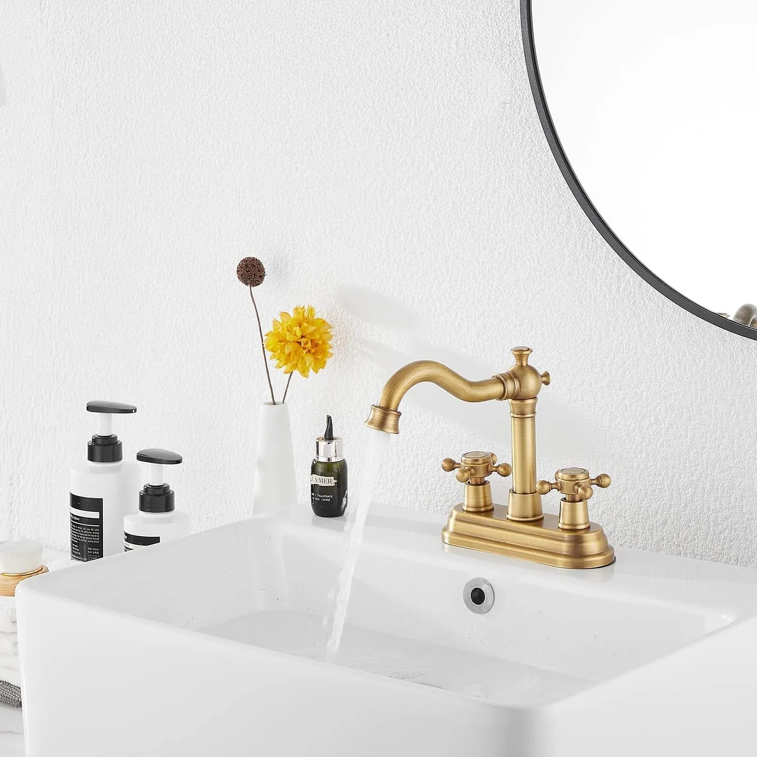 GGStudy Antique Brass Bathroom Faucet - 2 Handles, 4 Inches Centerset, RV Vanity With Drain Assembly and Supply Hose - Lavatory Mixer Double Handle Tap