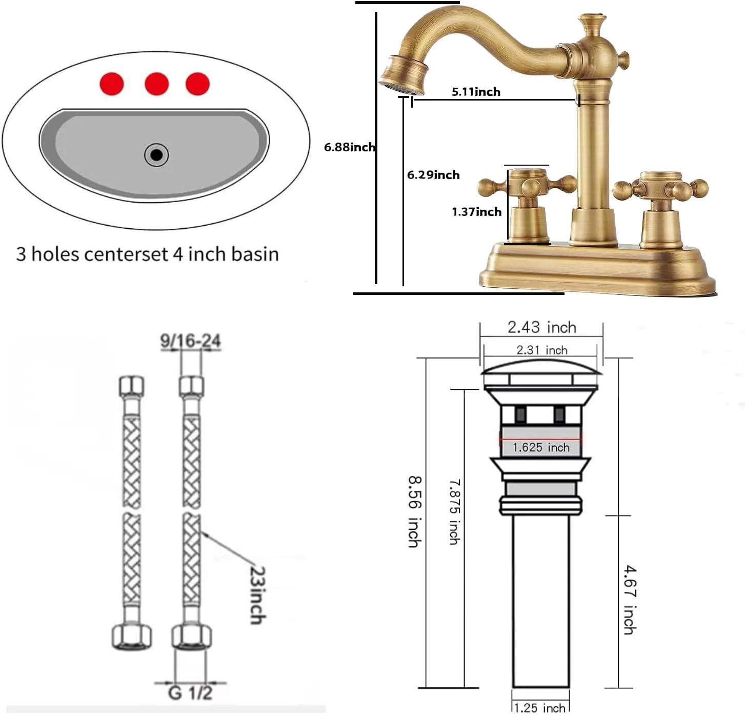 GGStudy Antique Brass Bathroom Faucet - 2 Handles, 4 Inches Centerset, RV Vanity With Drain Assembly and Supply Hose - Lavatory Mixer Double Handle Tap