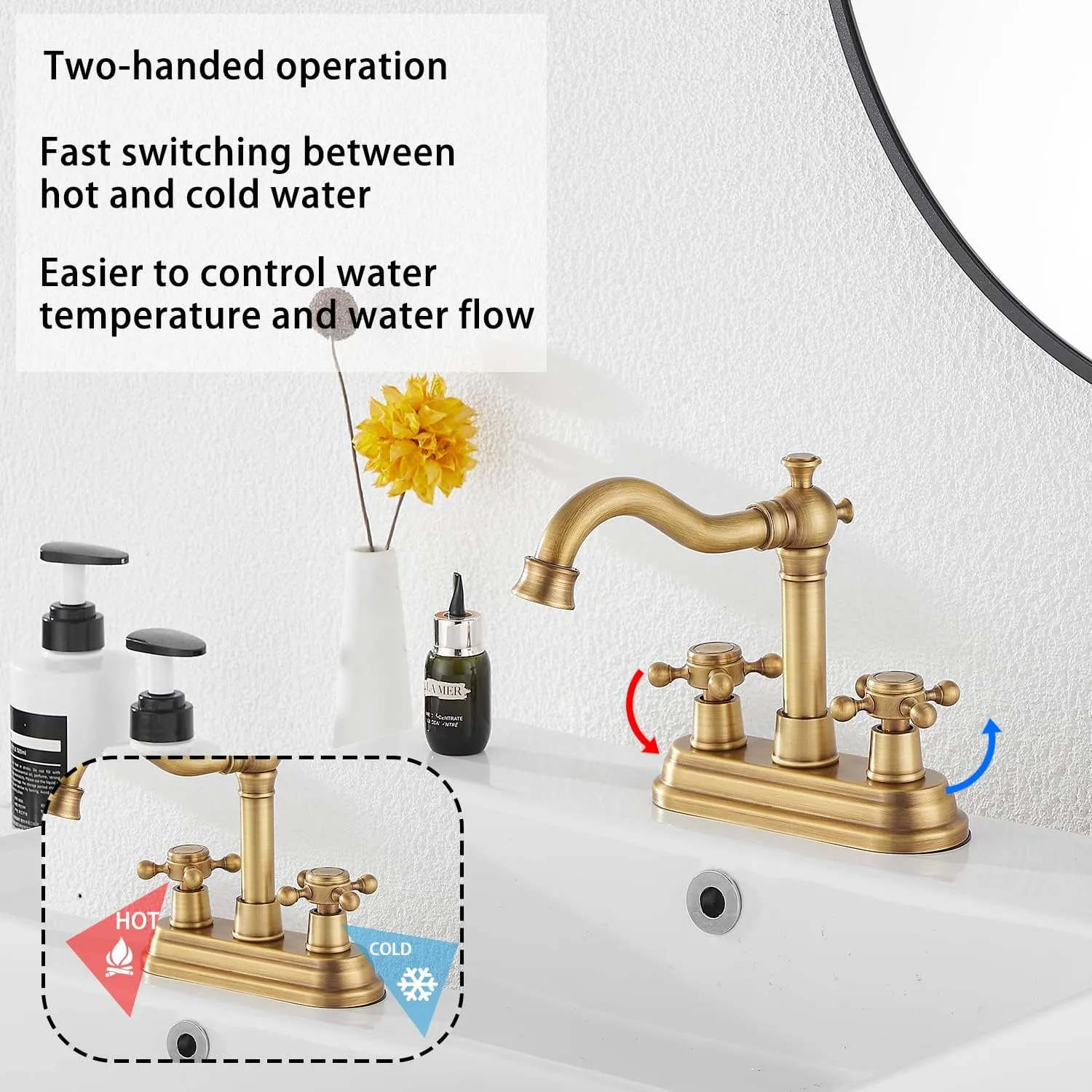 GGStudy Antique Brass Bathroom Faucet - 2 Handles, 4 Inches Centerset, RV Vanity With Drain Assembly and Supply Hose - Lavatory Mixer Double Handle Tap