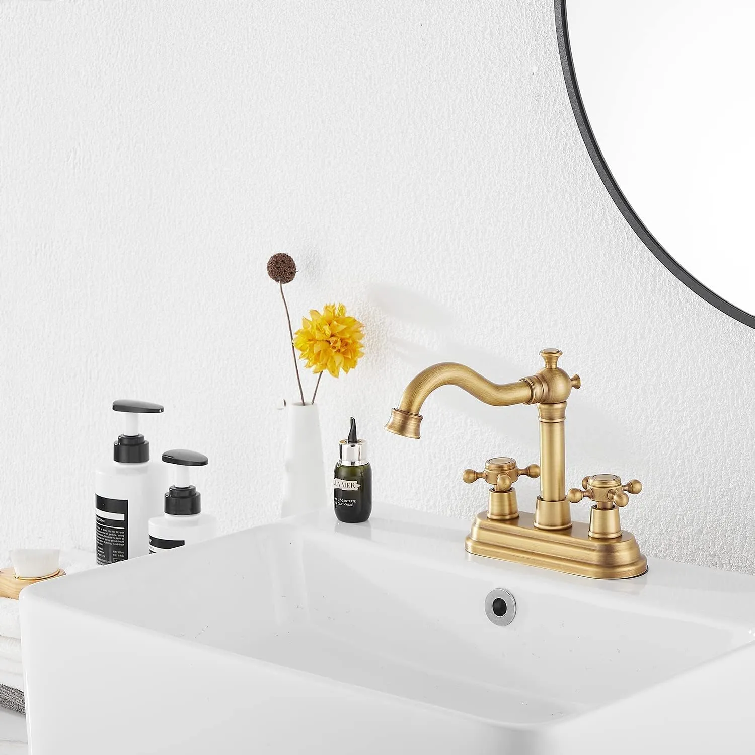 GGStudy Antique Brass Bathroom Faucet - 2 Handles, 4 Inches Centerset, RV Vanity With Drain Assembly and Supply Hose - Lavatory Mixer Double Handle Tap