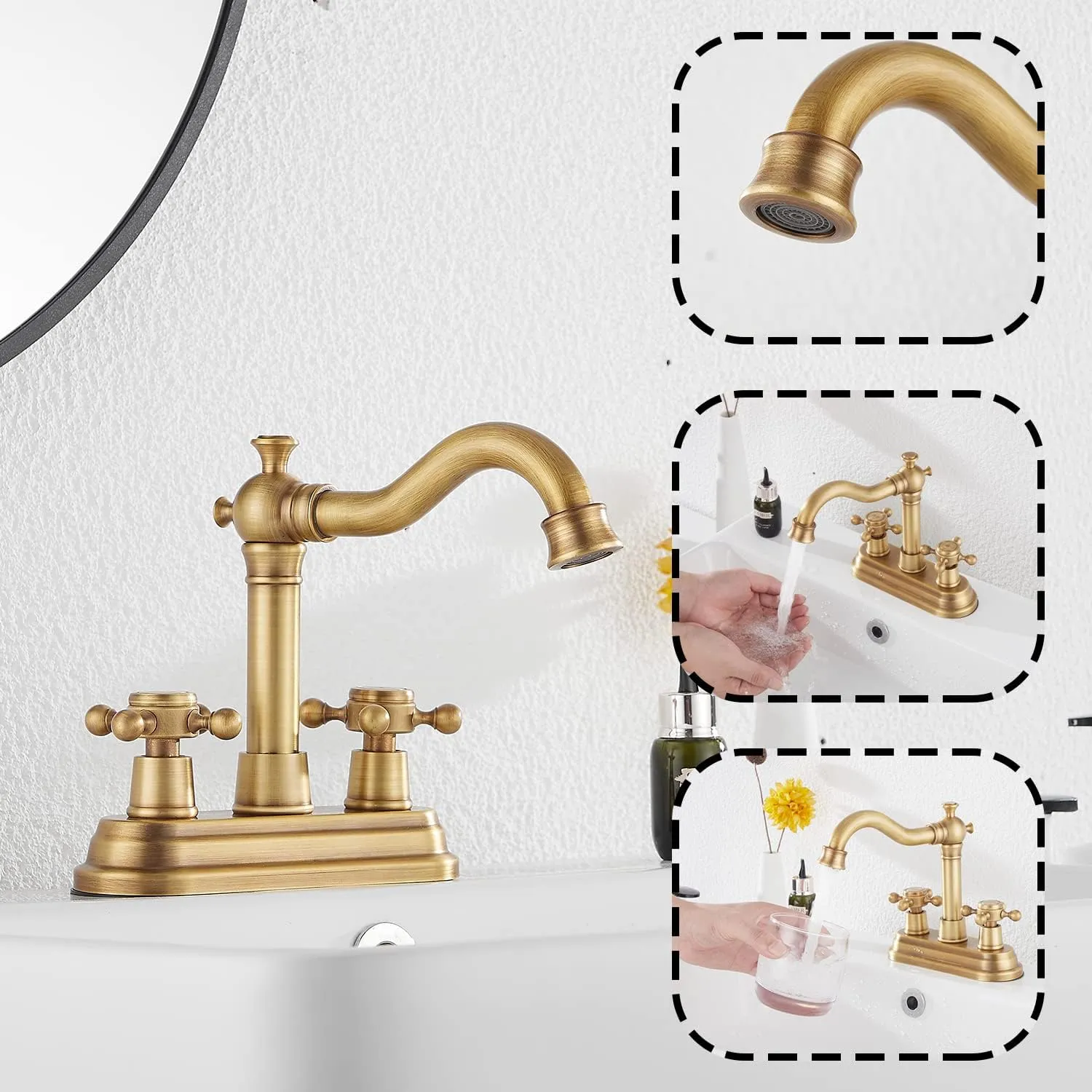 GGStudy Antique Brass Bathroom Faucet - 2 Handles, 4 Inches Centerset, RV Vanity With Drain Assembly and Supply Hose - Lavatory Mixer Double Handle Tap