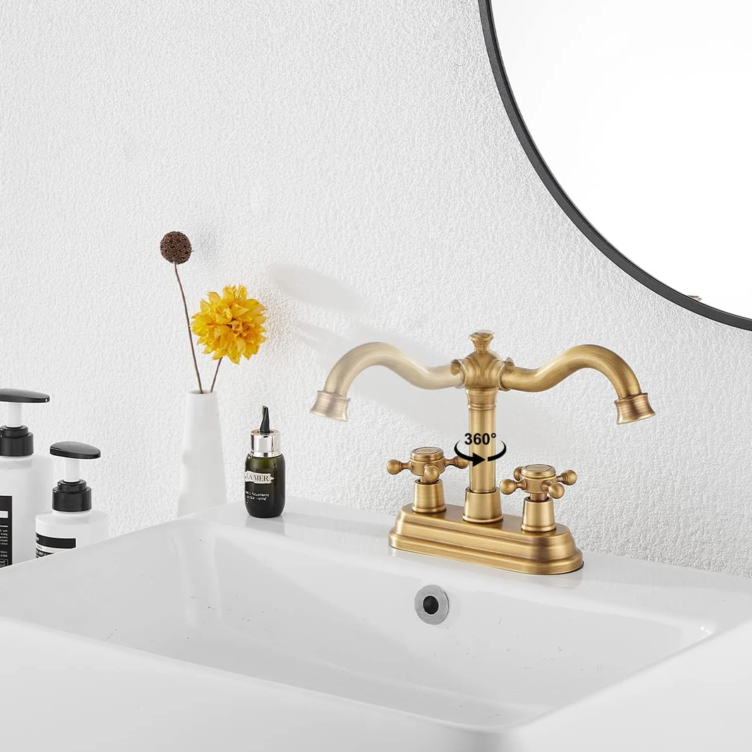 GGStudy Antique Brass Bathroom Faucet - 2 Handles, 4 Inches Centerset, RV Vanity With Drain Assembly and Supply Hose - Lavatory Mixer Double Handle Tap