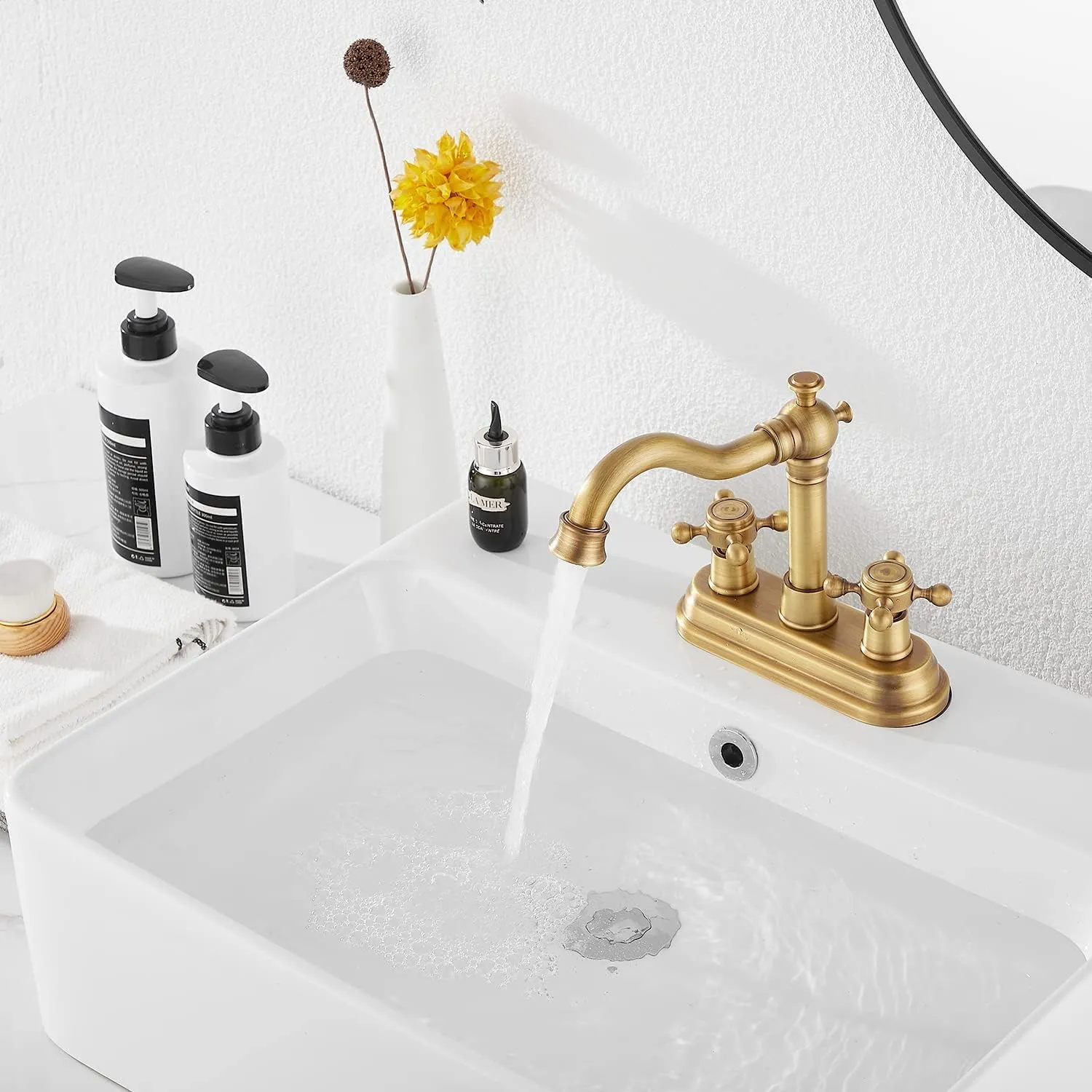GGStudy Antique Brass Bathroom Faucet - 2 Handles, 4 Inches Centerset, RV Vanity With Drain Assembly and Supply Hose - Lavatory Mixer Double Handle Tap