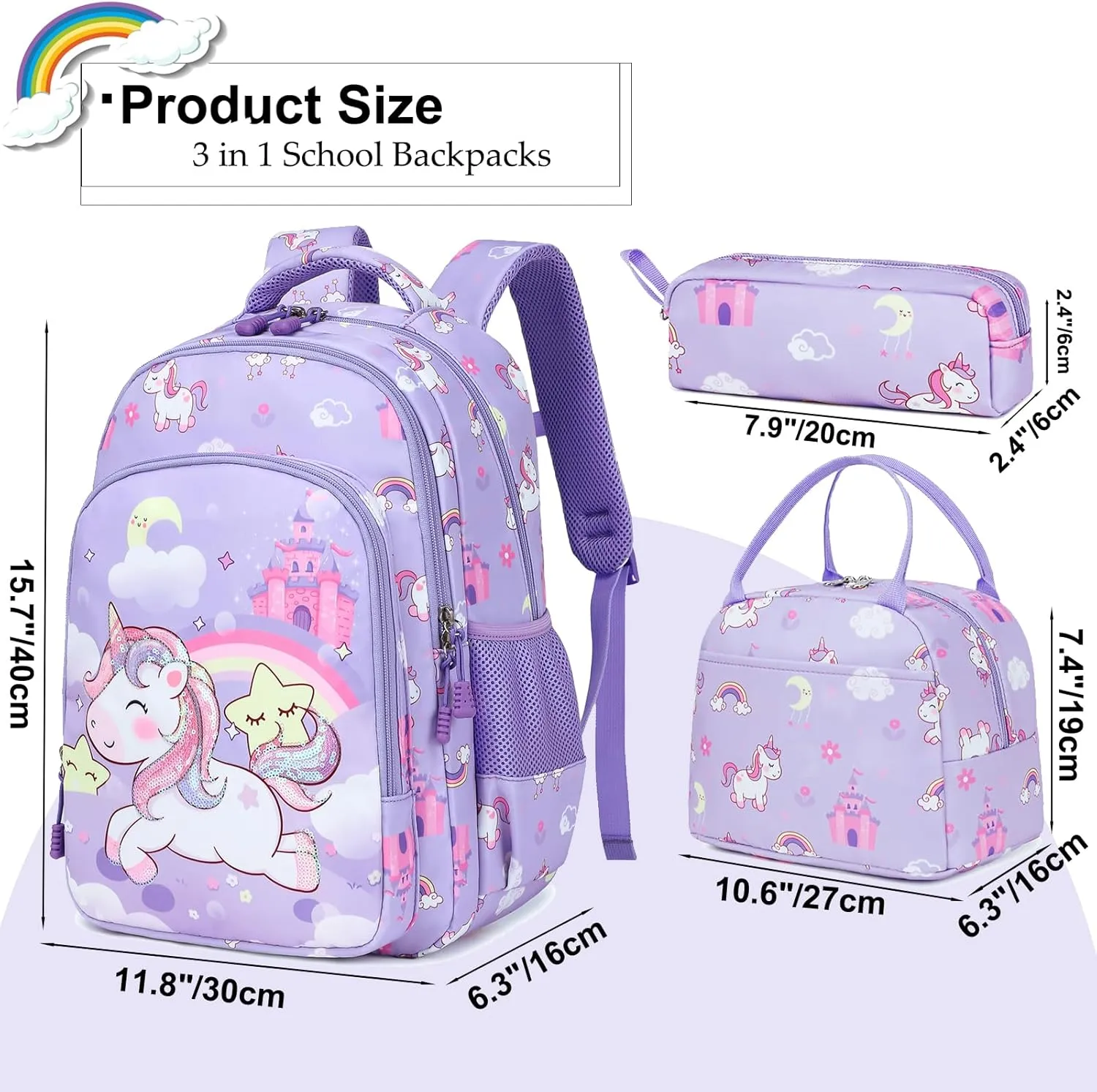Girls Backpack for Elementary Unicorn Backpack Kids Backpack School Bookbag for Girls 3 in 1 Set Back to School