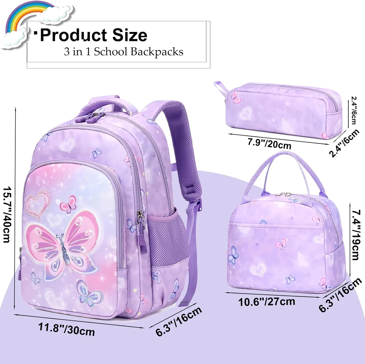 Girls Backpack for Elementary Unicorn Backpack Kids Backpack School Bookbag for Girls 3 in 1 Set Back to School