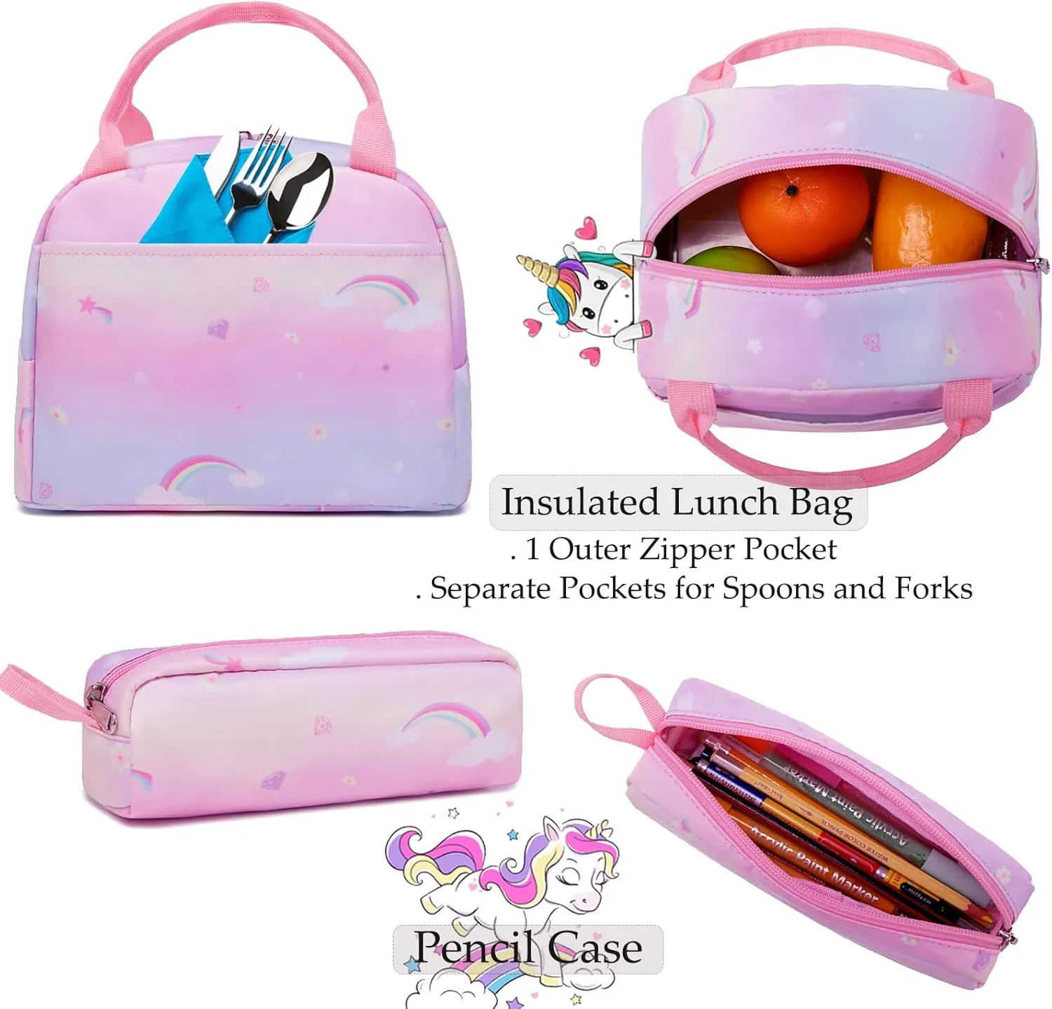Girls Backpack for Elementary Unicorn Backpack Kids Backpack School Bookbag for Girls 3 in 1 Set Back to School
