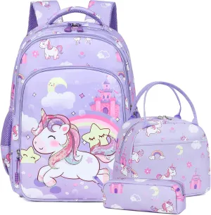 Girls Backpack for Elementary Unicorn Backpack Kids Backpack School Bookbag for Girls 3 in 1 Set Back to School