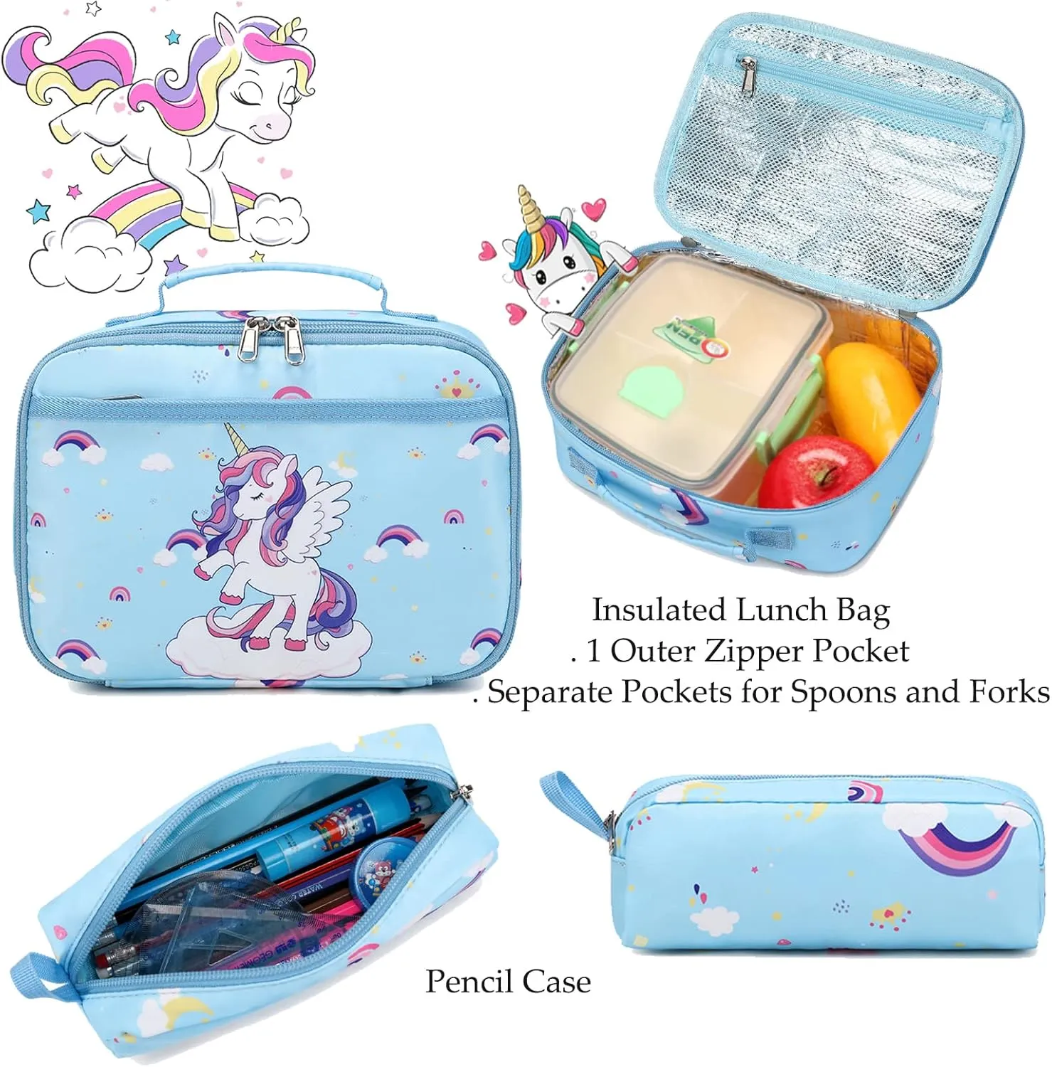 Girls Backpack for Elementary Unicorn Backpack Kids Backpack School Bookbag for Girls 3 in 1 Set Back to School