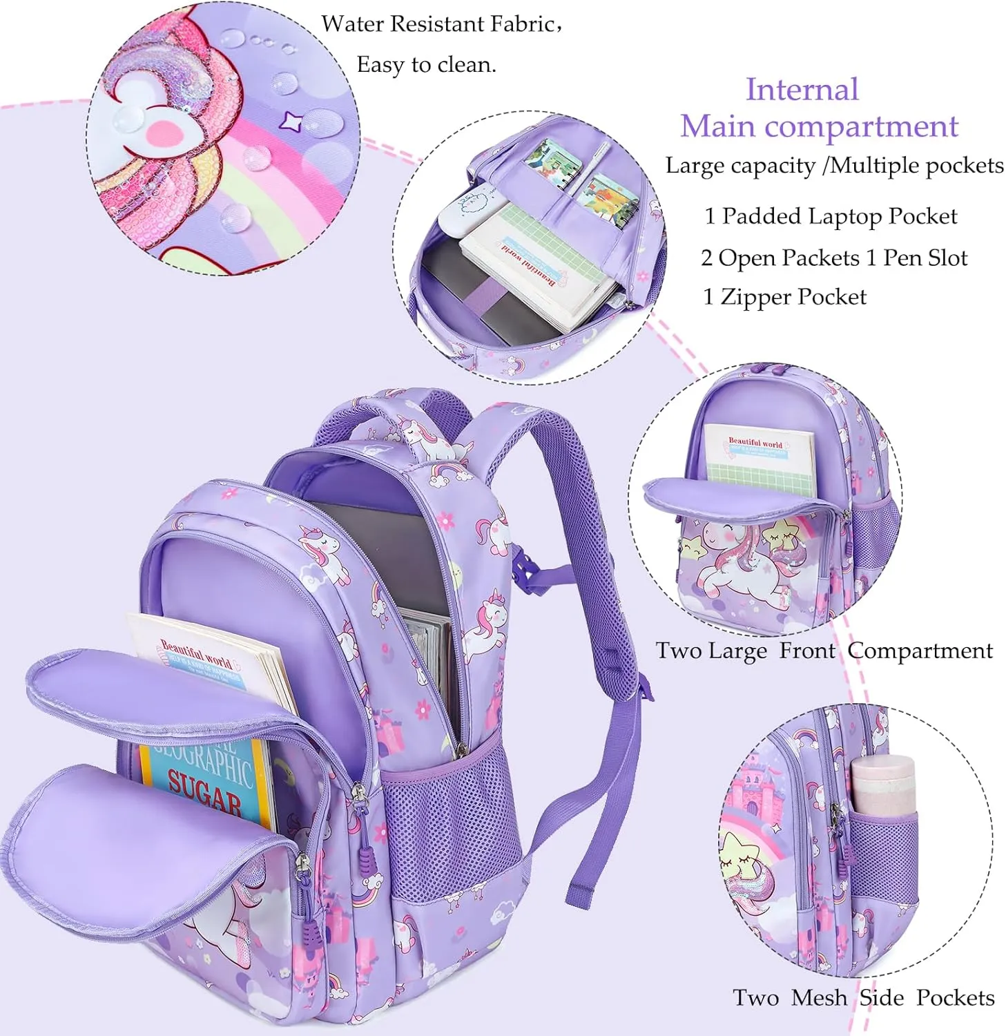 Girls Backpack for Elementary Unicorn Backpack Kids Backpack School Bookbag for Girls 3 in 1 Set Back to School