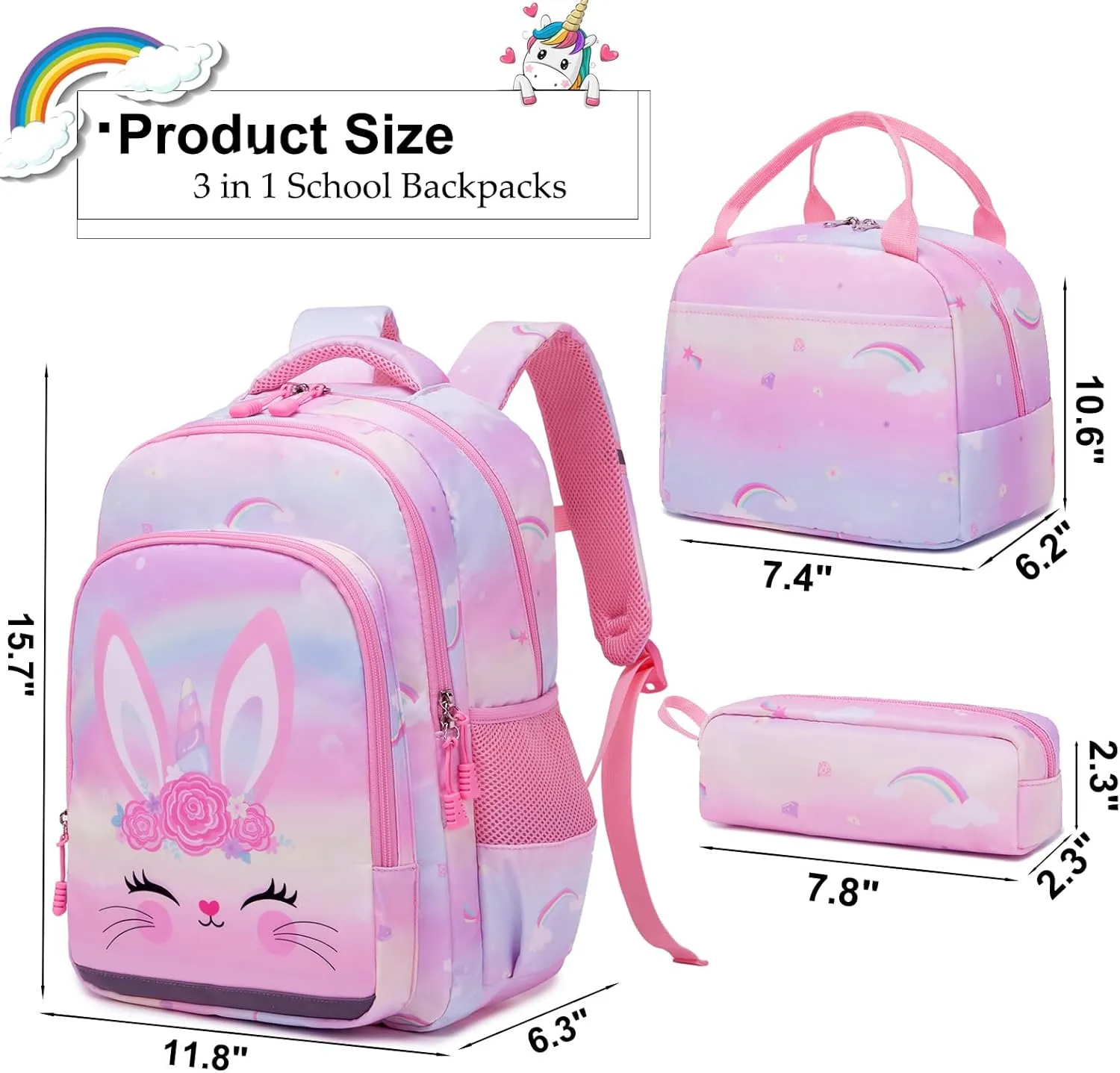 Girls Backpack for Elementary Unicorn Backpack Kids Backpack School Bookbag for Girls 3 in 1 Set Back to School