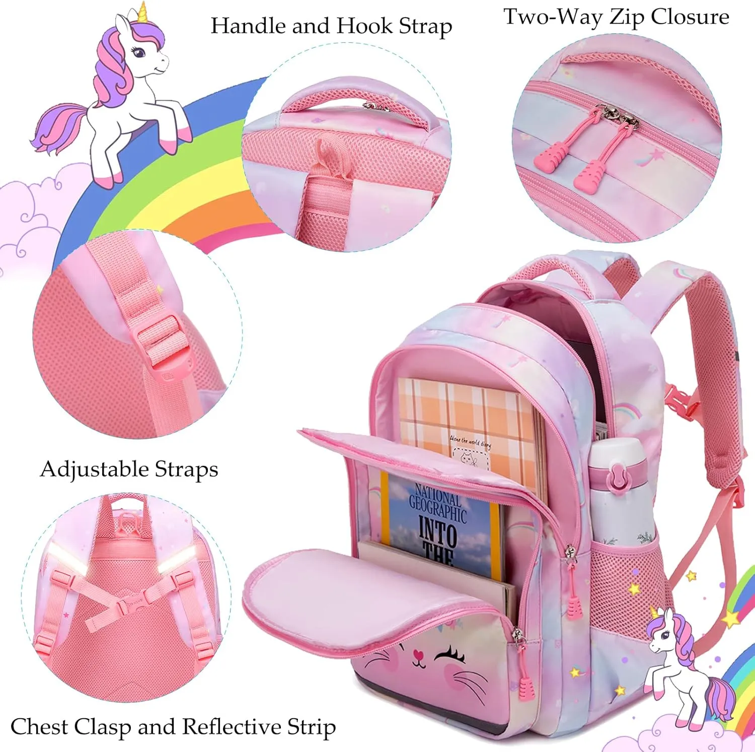 Girls Backpack for Elementary Unicorn Backpack Kids Backpack School Bookbag for Girls 3 in 1 Set Back to School