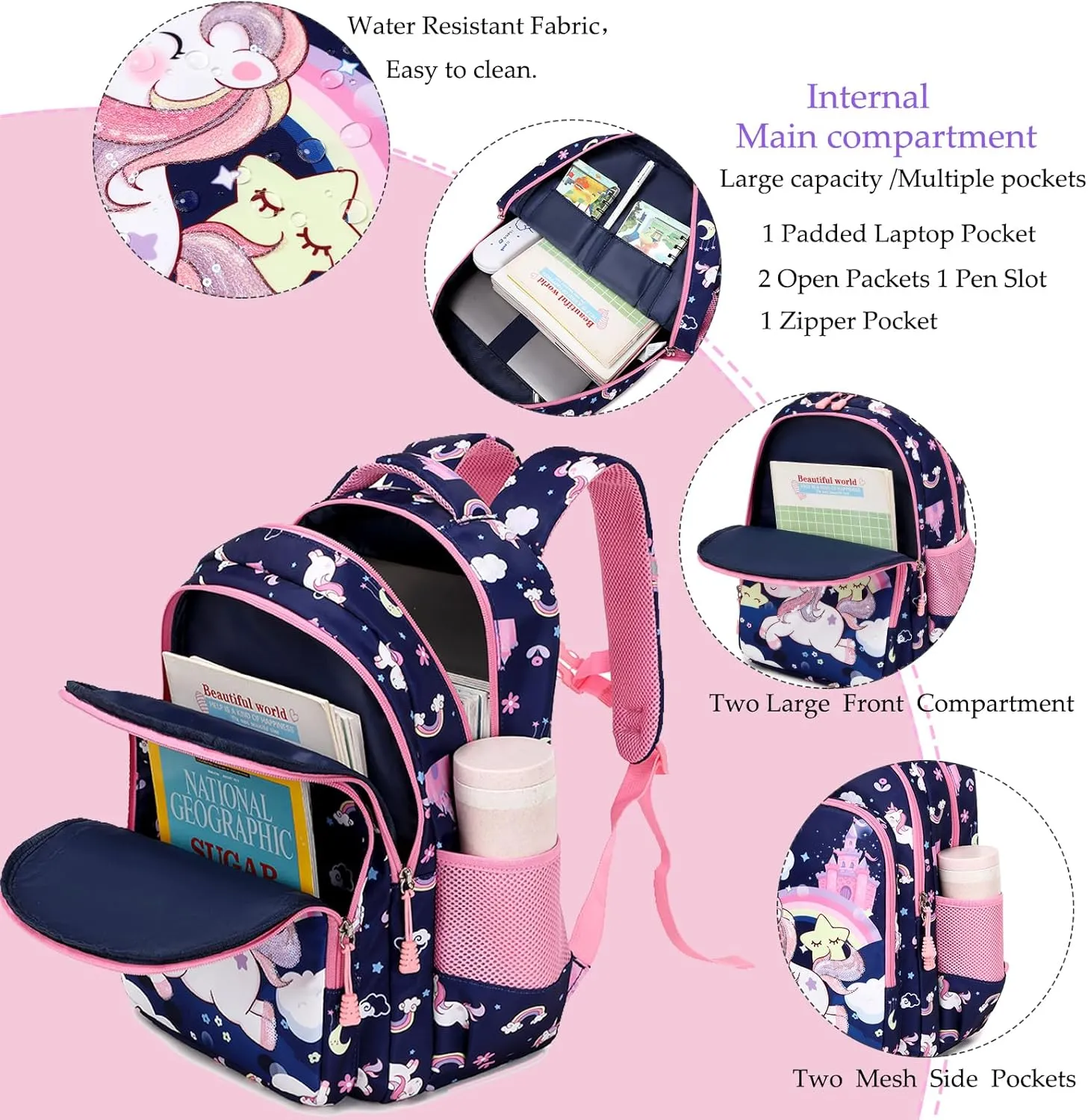 Girls Backpack for Elementary Unicorn Backpack Kids Backpack School Bookbag for Girls 3 in 1 Set Back to School