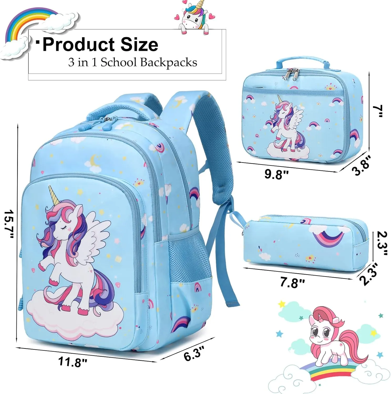 Girls Backpack for Elementary Unicorn Backpack Kids Backpack School Bookbag for Girls 3 in 1 Set Back to School