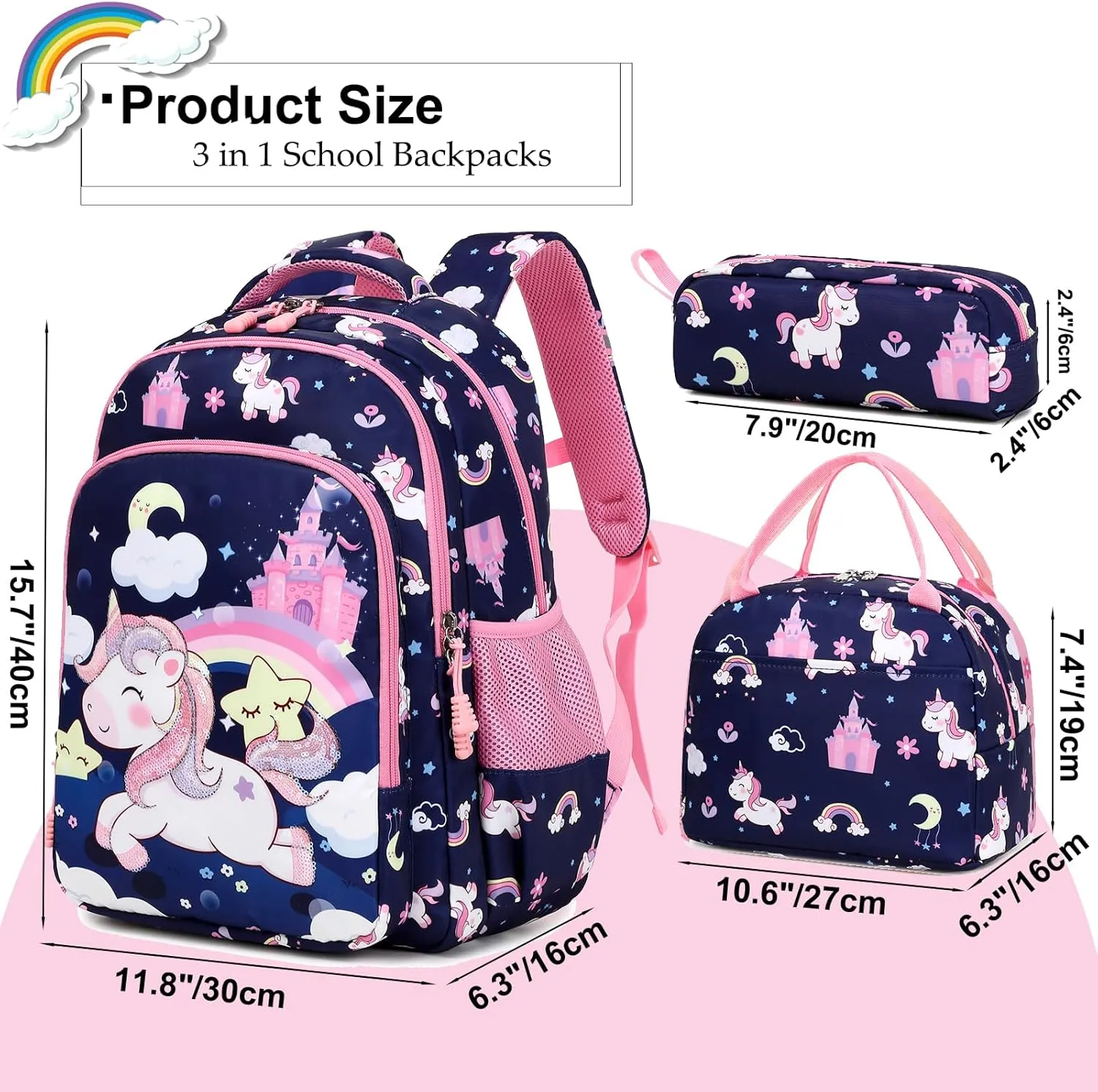 Girls Backpack for Elementary Unicorn Backpack Kids Backpack School Bookbag for Girls 3 in 1 Set Back to School