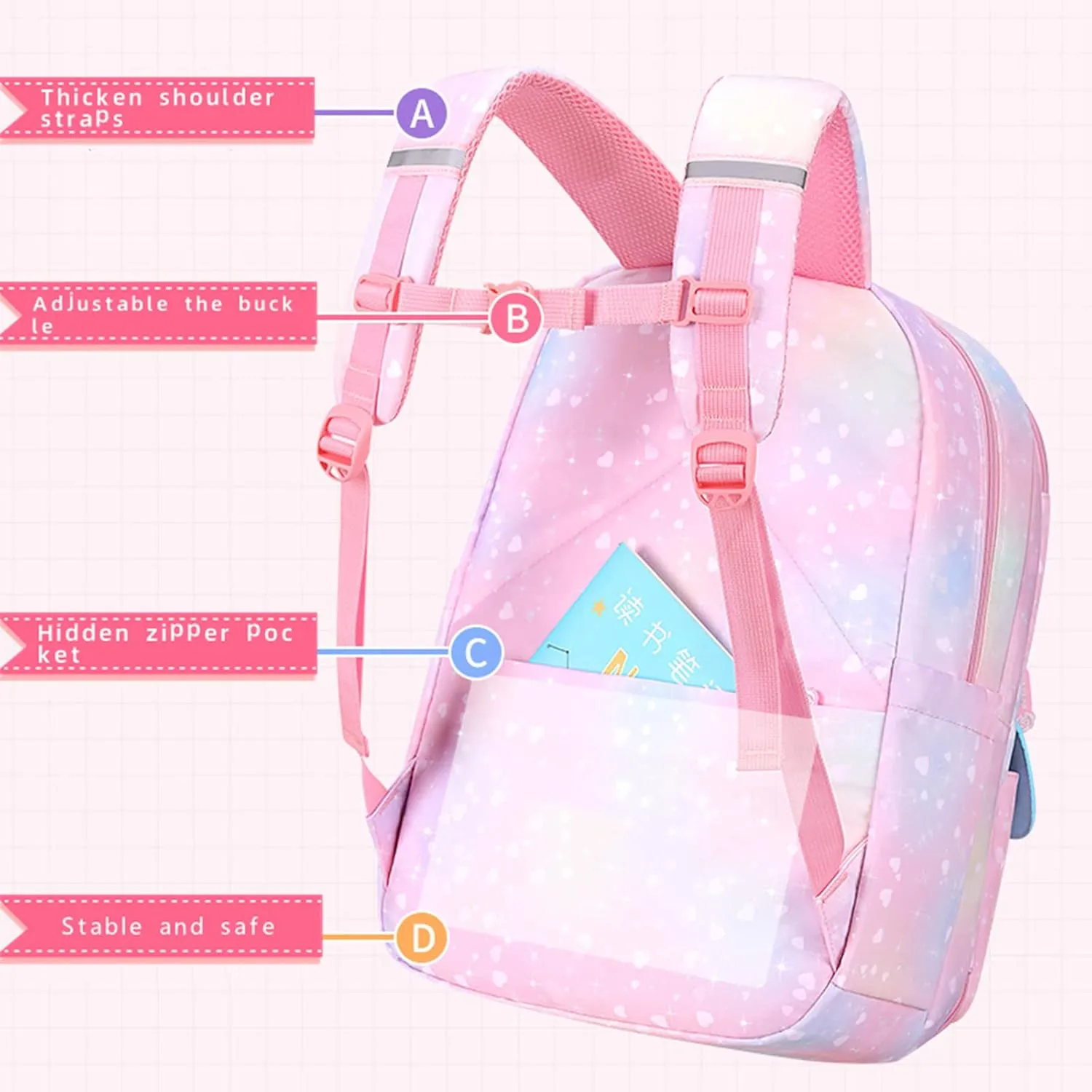 Girls Backpack, Kids Backpack for Girls with Compartments Elementary School Bag,School Backpack for Girls (Pink)