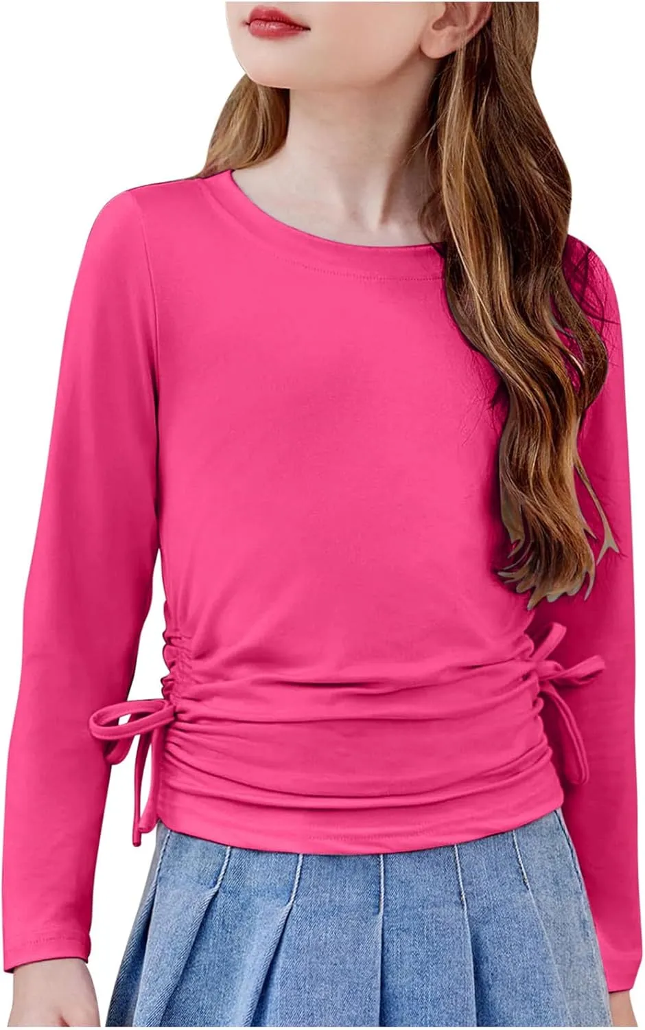 Girls Long Sleeve Side Tie Ruched Top Lightweight Cotton Crewneck Casual Daily Shirt School Stylish Outfits Leisure