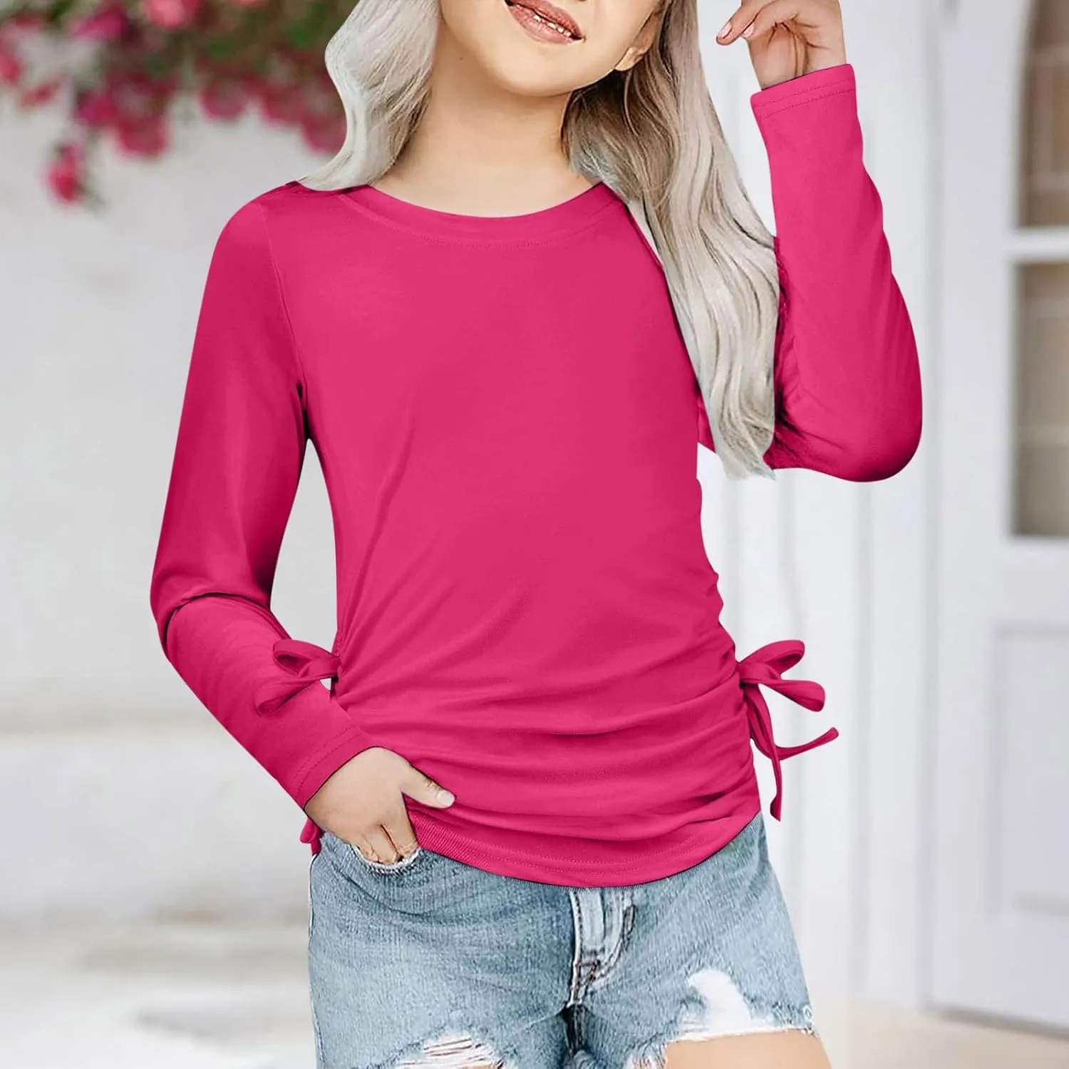 Girls Long Sleeve Side Tie Ruched Top Lightweight Cotton Crewneck Casual Daily Shirt School Stylish Outfits Leisure