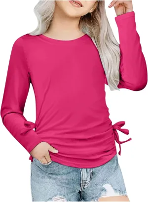 Girls Long Sleeve Side Tie Ruched Top Lightweight Cotton Crewneck Casual Daily Shirt School Stylish Outfits Leisure