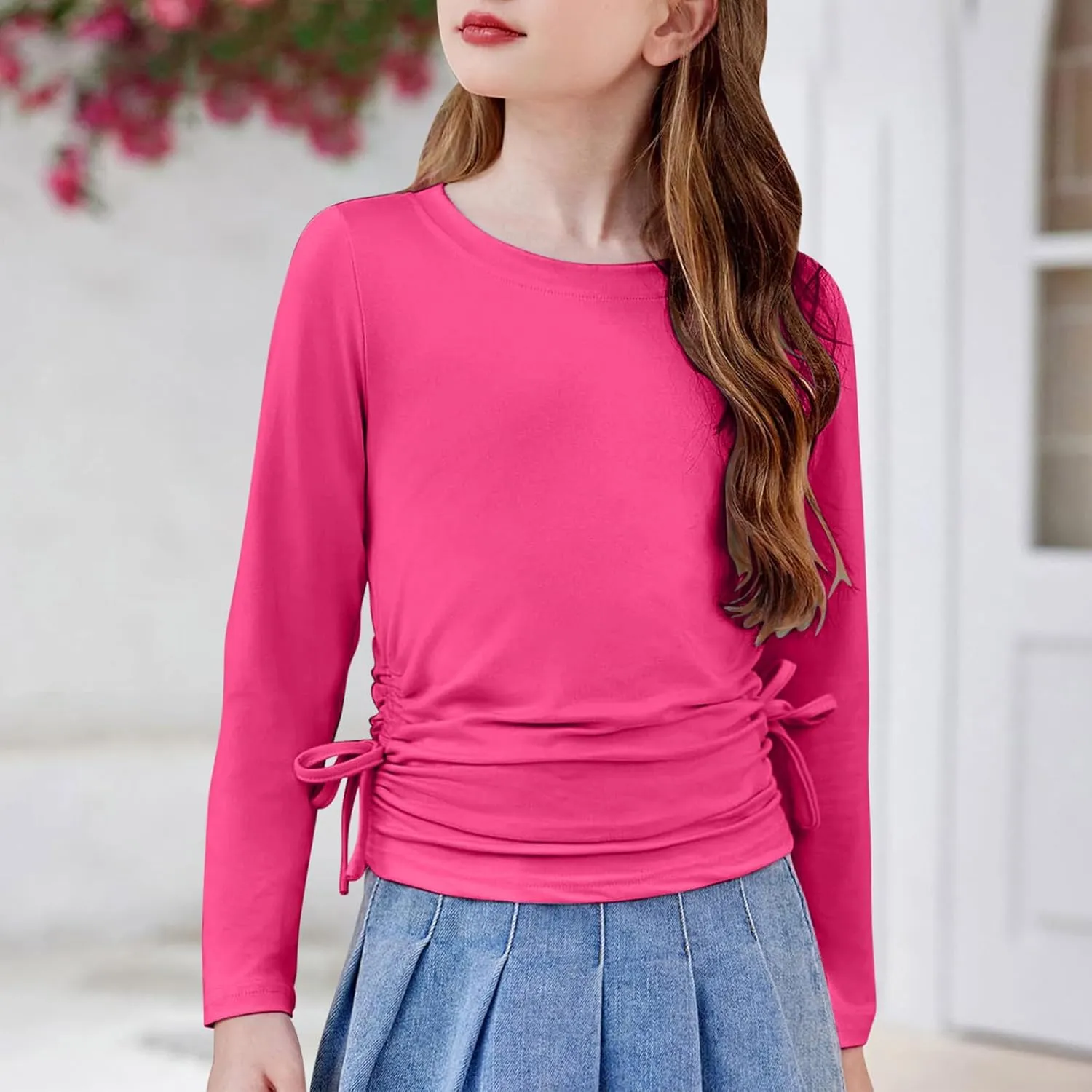 Girls Long Sleeve Side Tie Ruched Top Lightweight Cotton Crewneck Casual Daily Shirt School Stylish Outfits Leisure