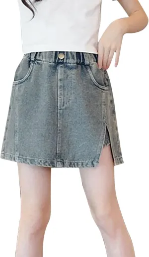 Girl's Side Slits Denim Skirt Y2k Elastic High Waist A Line Jean Skirts with Pockets School Uniform Skorts for Girls