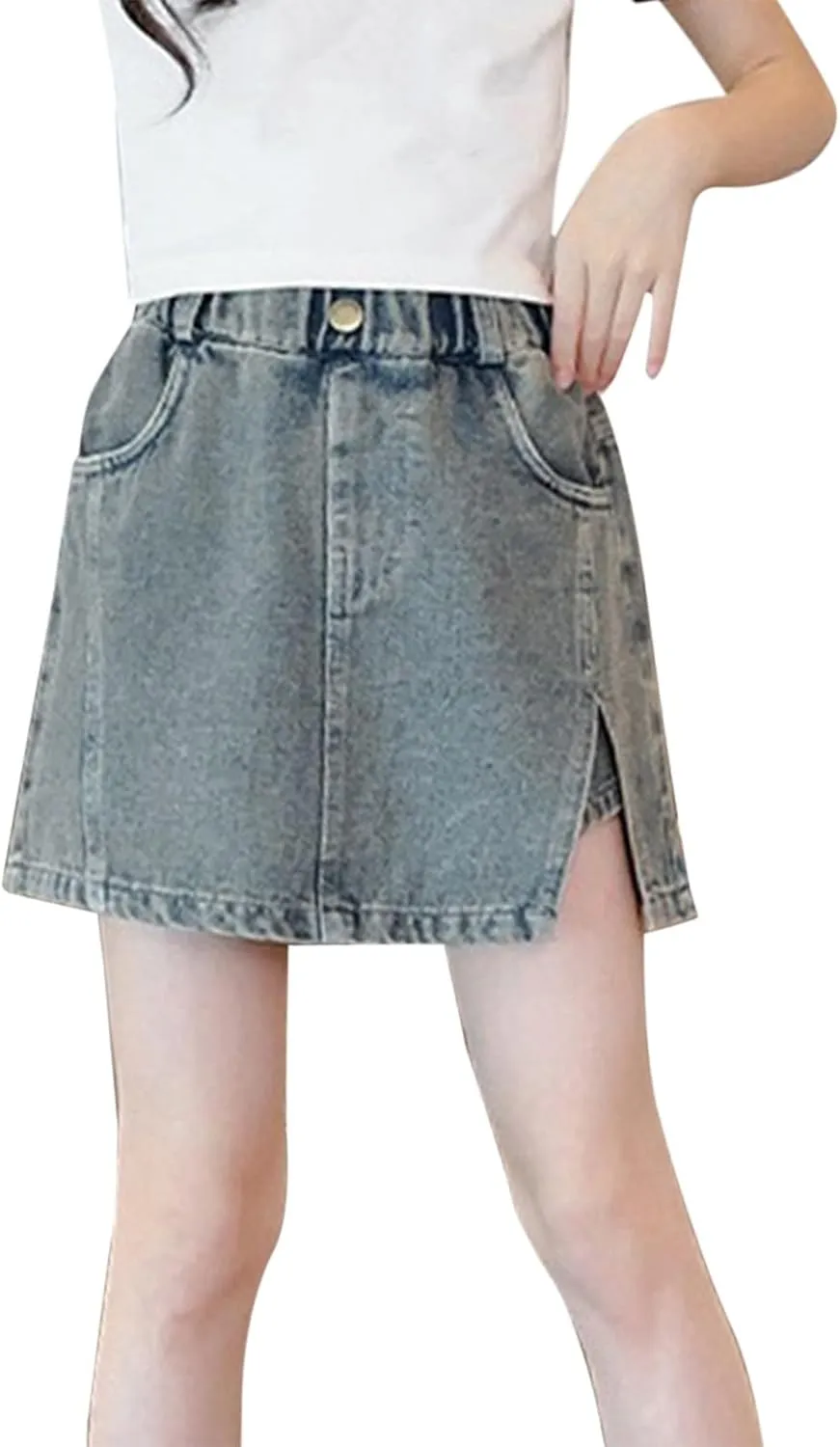 Girl's Side Slits Denim Skirt Y2k Elastic High Waist A Line Jean Skirts with Pockets School Uniform Skorts for Girls