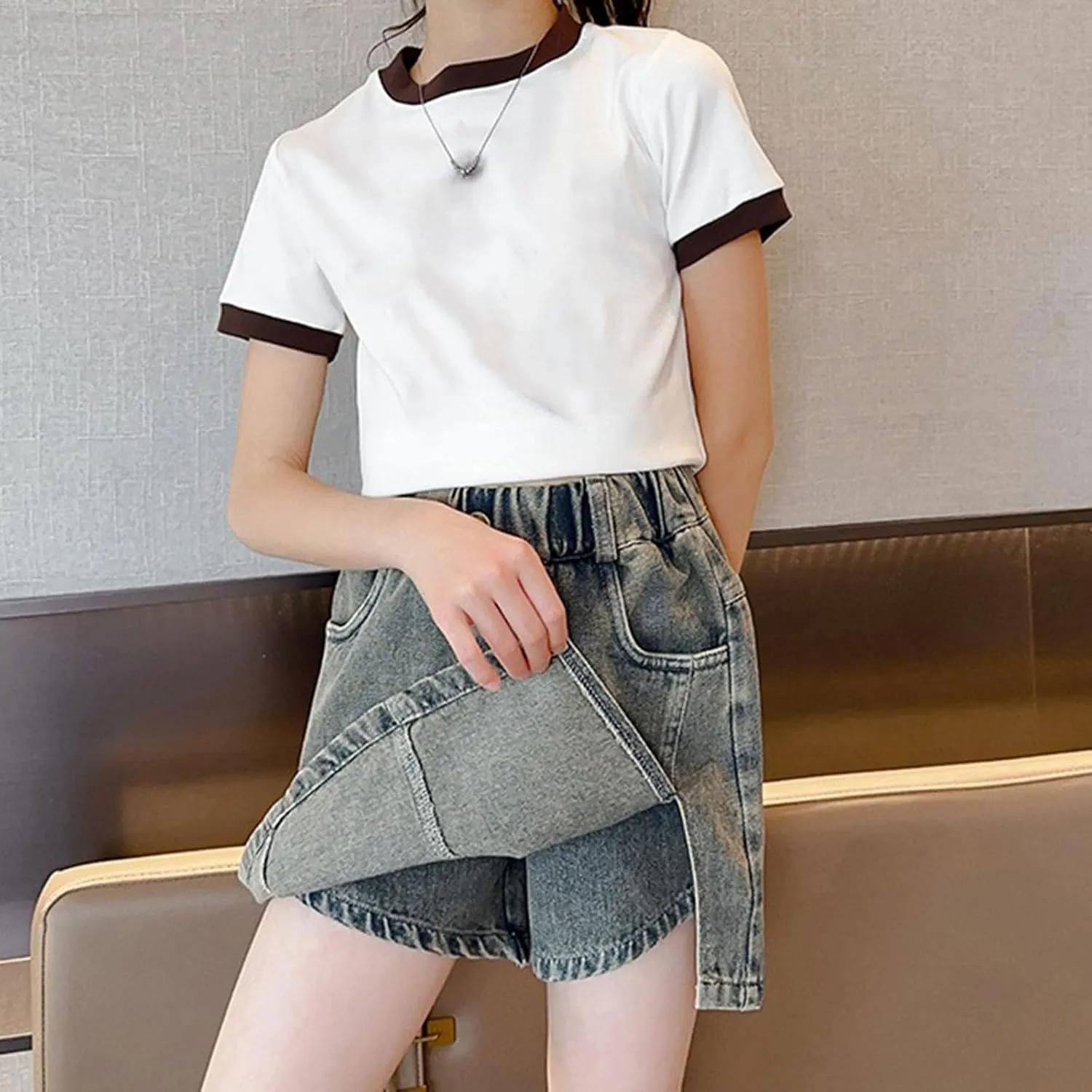 Girl's Side Slits Denim Skirt Y2k Elastic High Waist A Line Jean Skirts with Pockets School Uniform Skorts for Girls