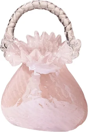 Glass Bag Vase for Flowers Glazed Purse Vase Handbag Shape Flower Vase Translucent Basket Vase Totebag Vase with Handles for Home Living Room Decor(Pink L)