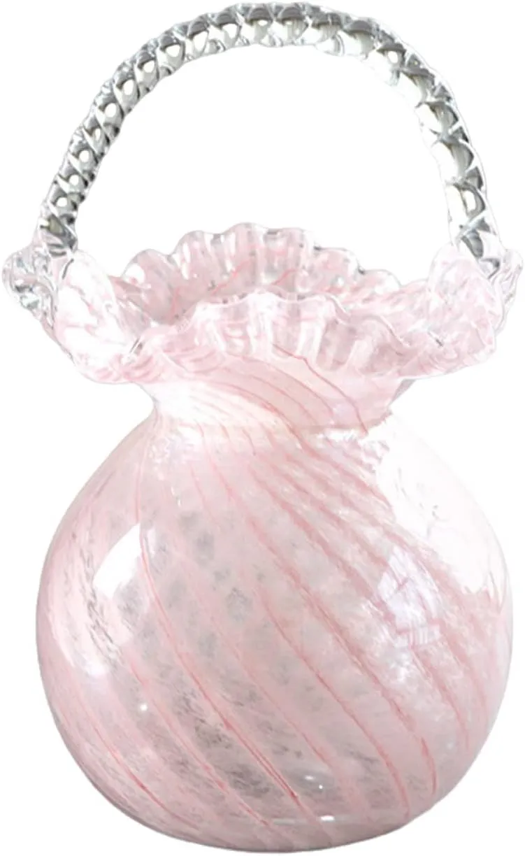 Glass Bag Vase for Flowers Glazed Purse Vase Handbag Shape Flower Vase Translucent Basket Vase Totebag Vase with Handles for Home Living Room Decor(Pink M)