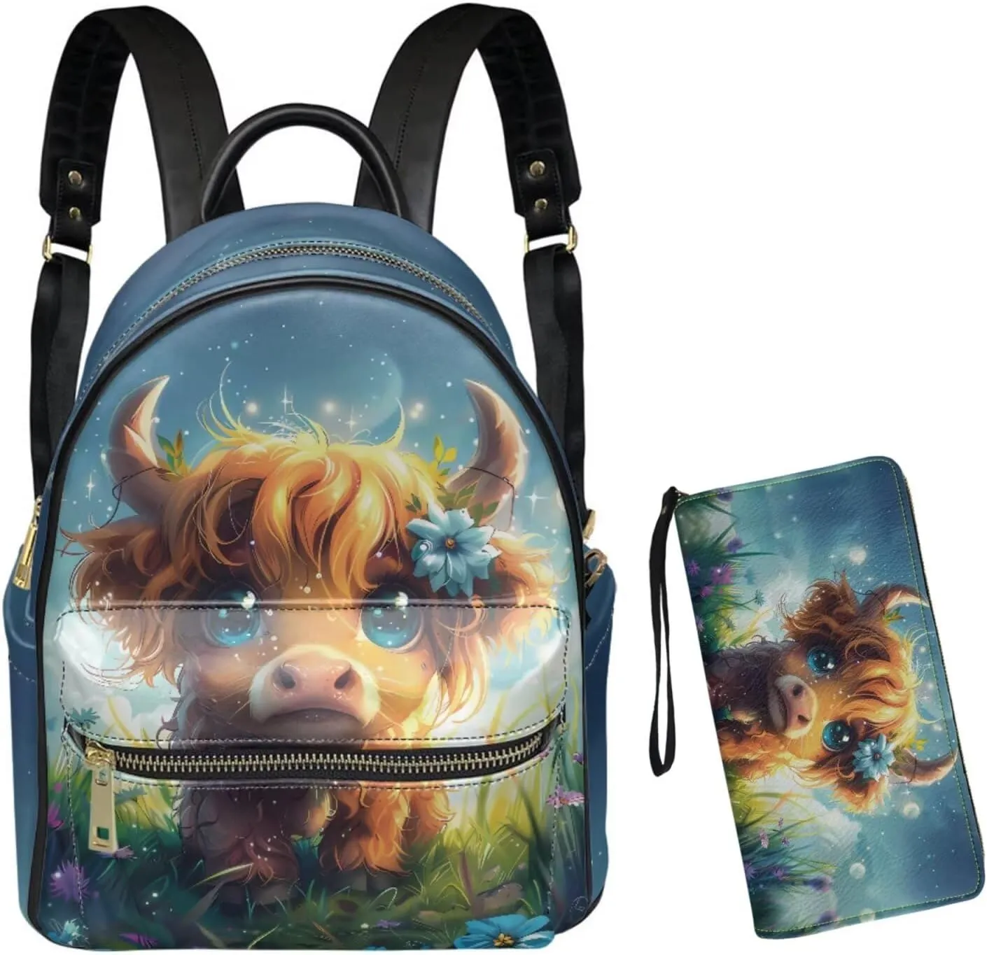 GLENLCWE Cute Cattle Backpack Purse Wallet for Women Ladies Multipurpose PU Leather Backpack Shoulder Bag Coin Credit Card Holder Travel Daypack Animal Print Handbag