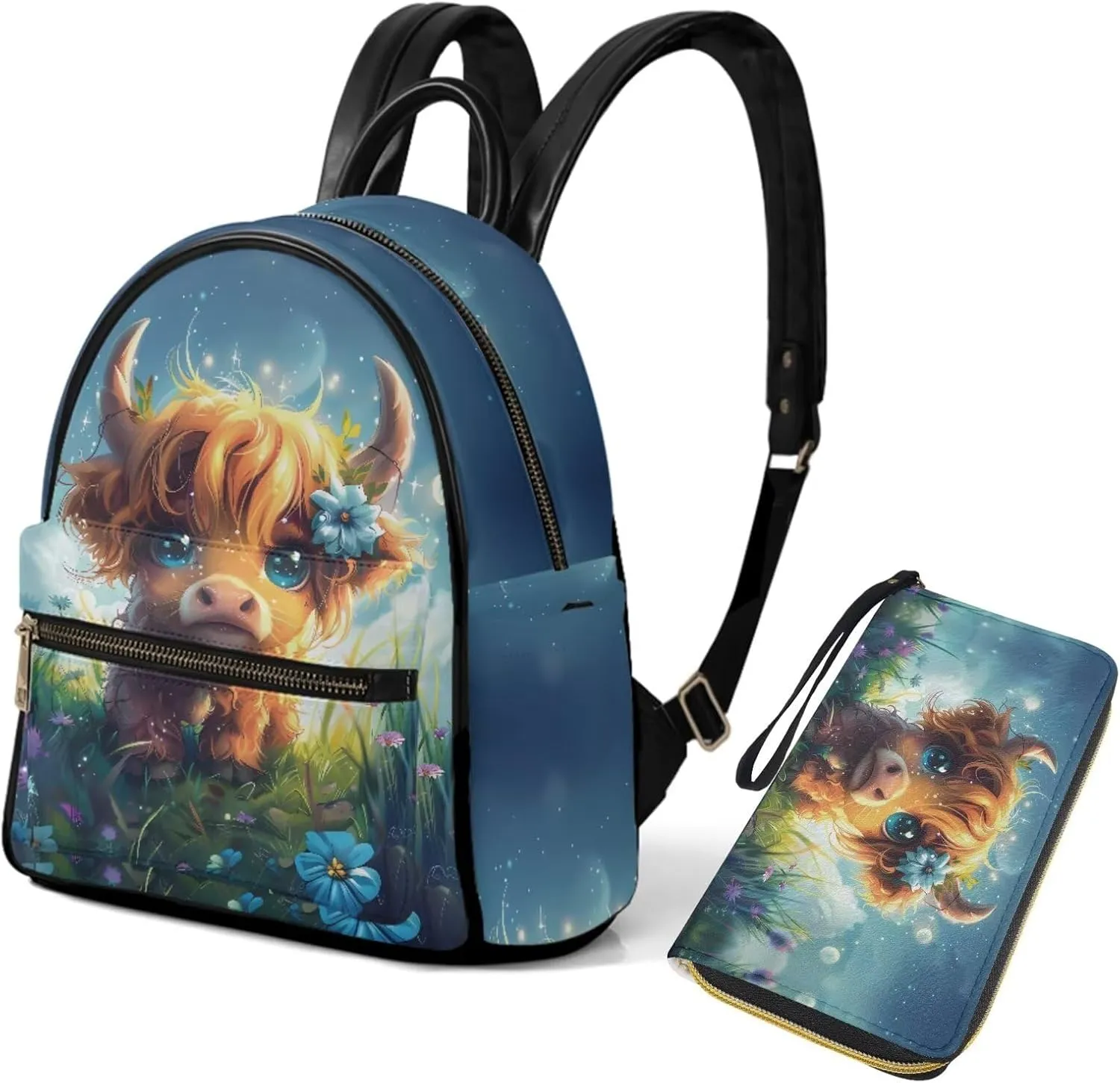 GLENLCWE Cute Cattle Backpack Purse Wallet for Women Ladies Multipurpose PU Leather Backpack Shoulder Bag Coin Credit Card Holder Travel Daypack Animal Print Handbag