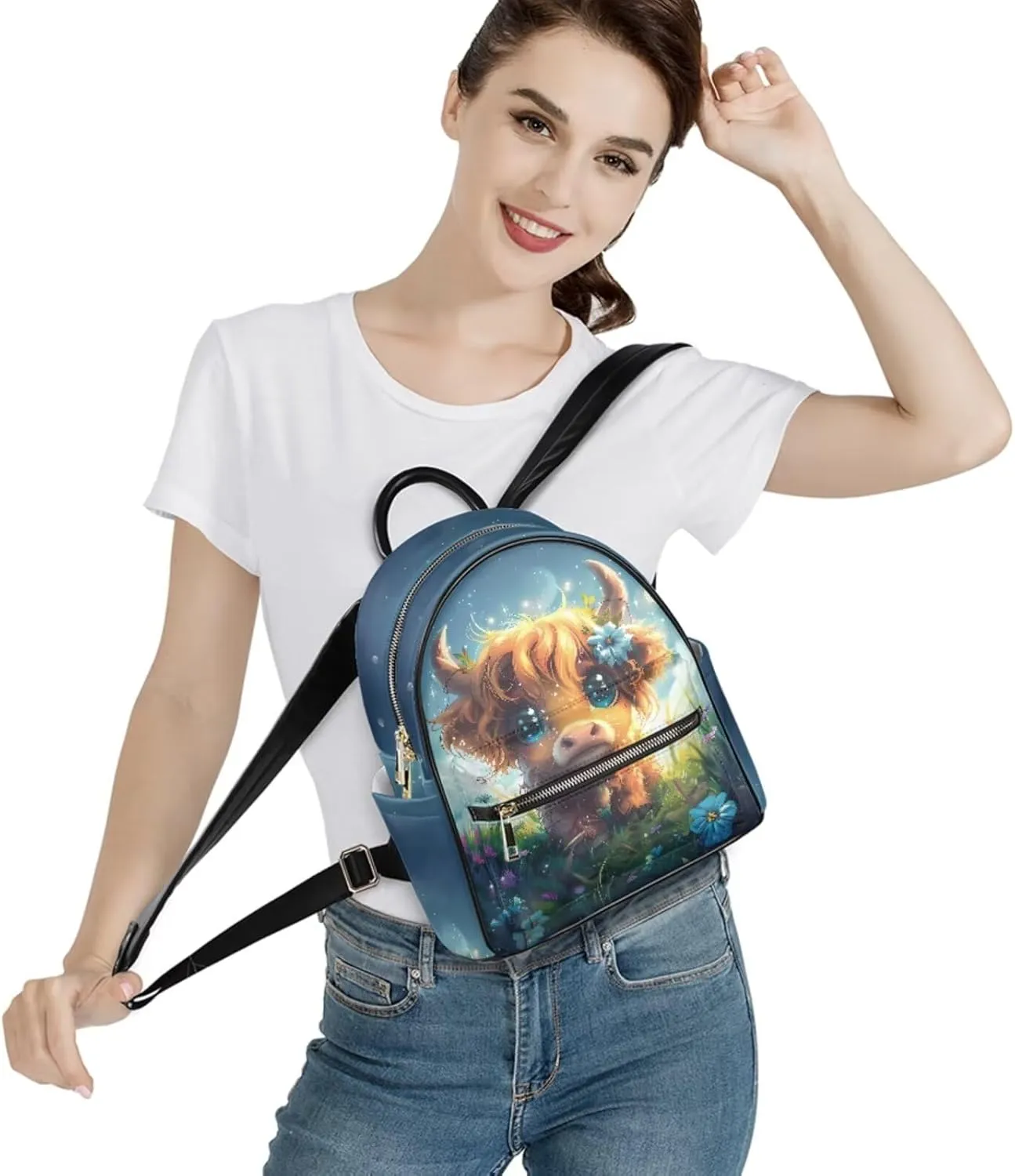GLENLCWE Cute Cattle Backpack Purse Wallet for Women Ladies Multipurpose PU Leather Backpack Shoulder Bag Coin Credit Card Holder Travel Daypack Animal Print Handbag
