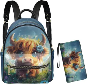 GLENLCWE Cute Cattle Backpack Purse Wallet for Women Ladies Multipurpose PU Leather Backpack Shoulder Bag Coin Credit Card Holder Travel Daypack Animal Print Handbag