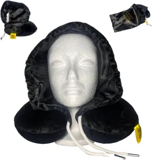 Global Citizen Travel Pillows for Sleeping, Neck Pillows for Airplane, Neck Travel Pillow with Hood Satin Lined Style Protectant for Braids and Locs Vacation, Memory Foam Travel Pillow (Black)