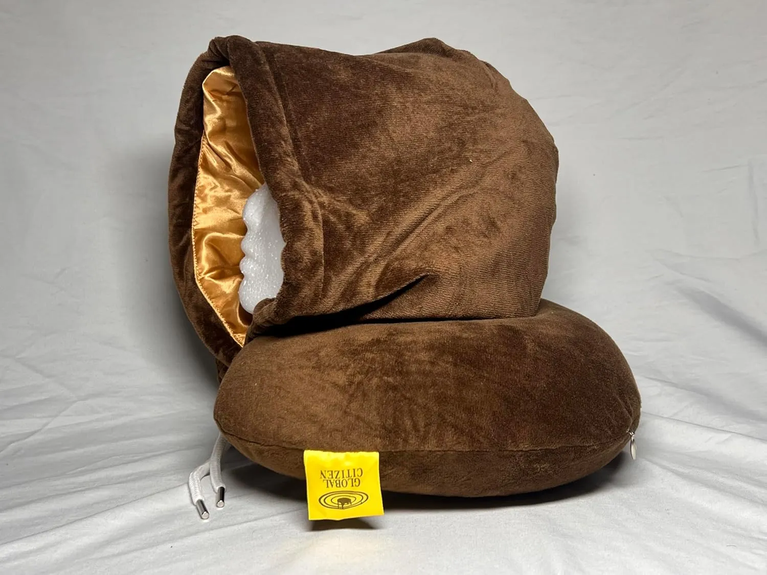 Global Citizen Travel Pillows for Sleeping, Neck Pillows for Airplane, Neck Travel Pillow with Hood Satin Lined Style Protectant for Braids and Locs Vacation, Memory Foam Travel Pillow (Brown)