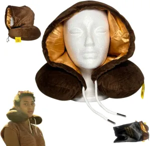 Global Citizen Travel Pillows for Sleeping, Neck Pillows for Airplane, Neck Travel Pillow with Hood Satin Lined Style Protectant for Braids and Locs Vacation, Memory Foam Travel Pillow (Brown)