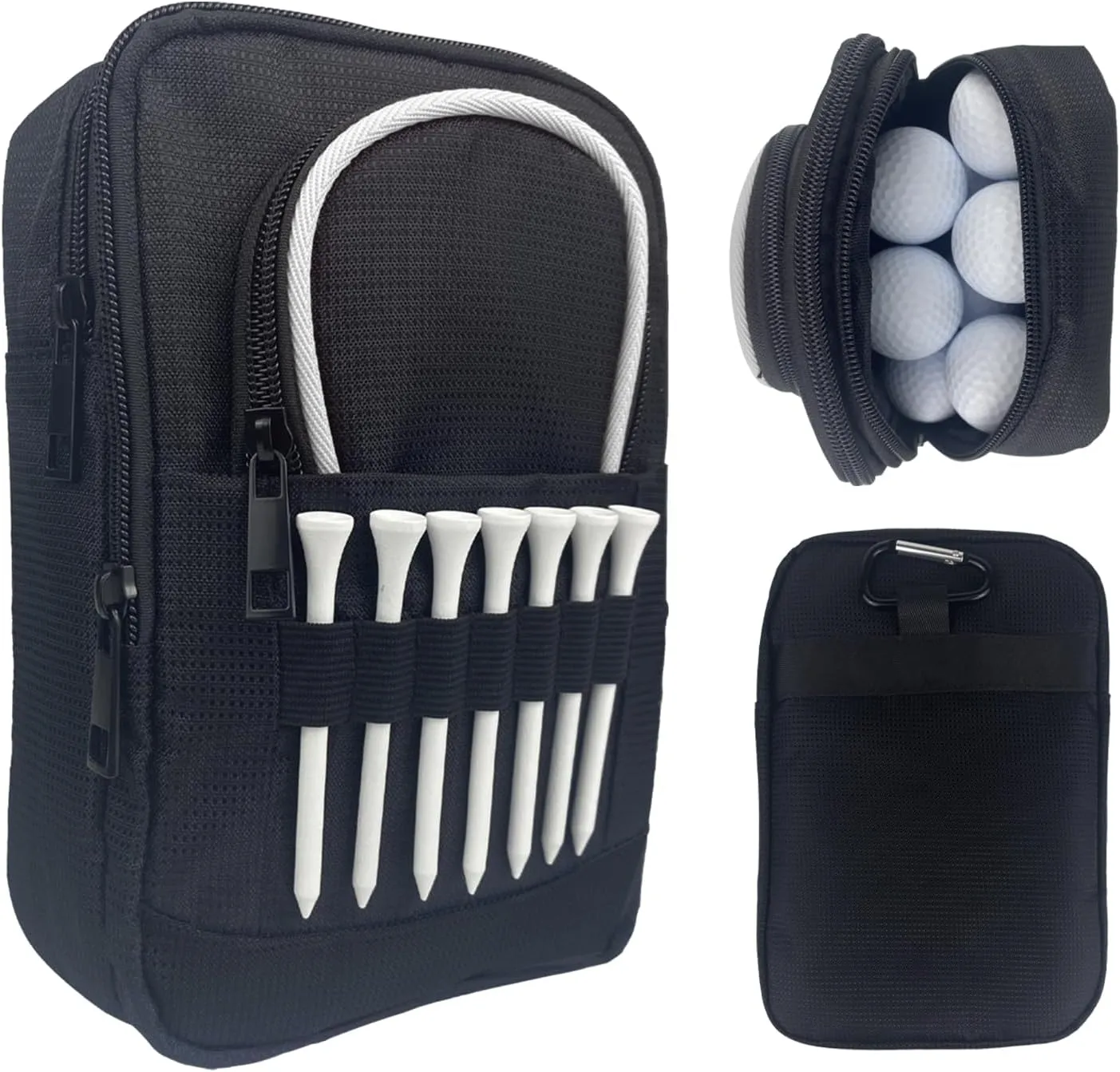 Golf Valuables Pouch – Large Capacity Detachable Golf Accessory Bag with Zippered Pockets for Balls, Tees & Essentials – Clips to Golf Bag – Great Gift for Men & Women (White Edge)