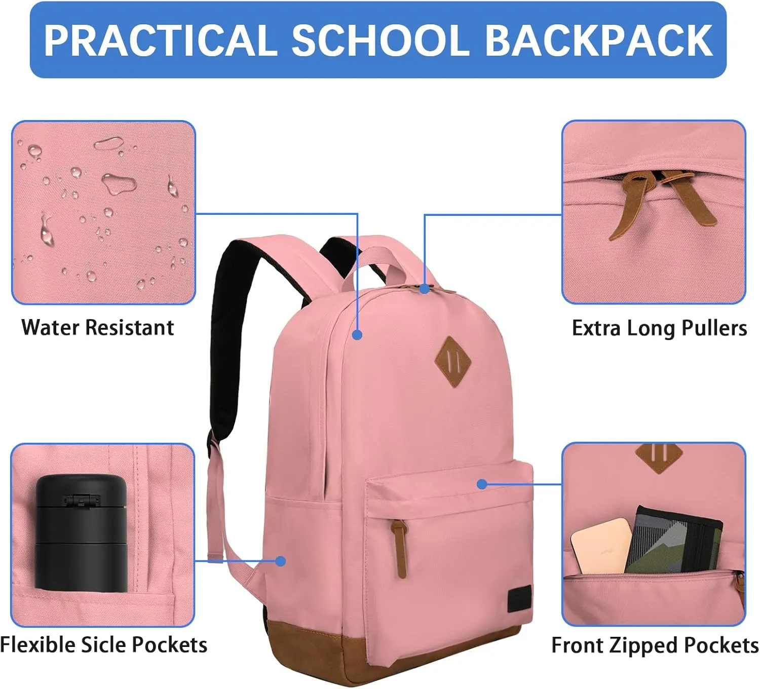 Goloni Classic Backpack with USB Charging Port,Water Resistant Anti-Theft Travel Backpack for Men & Women,Laptop Backpack,Fits 17.3 Inch Laptop,Pink