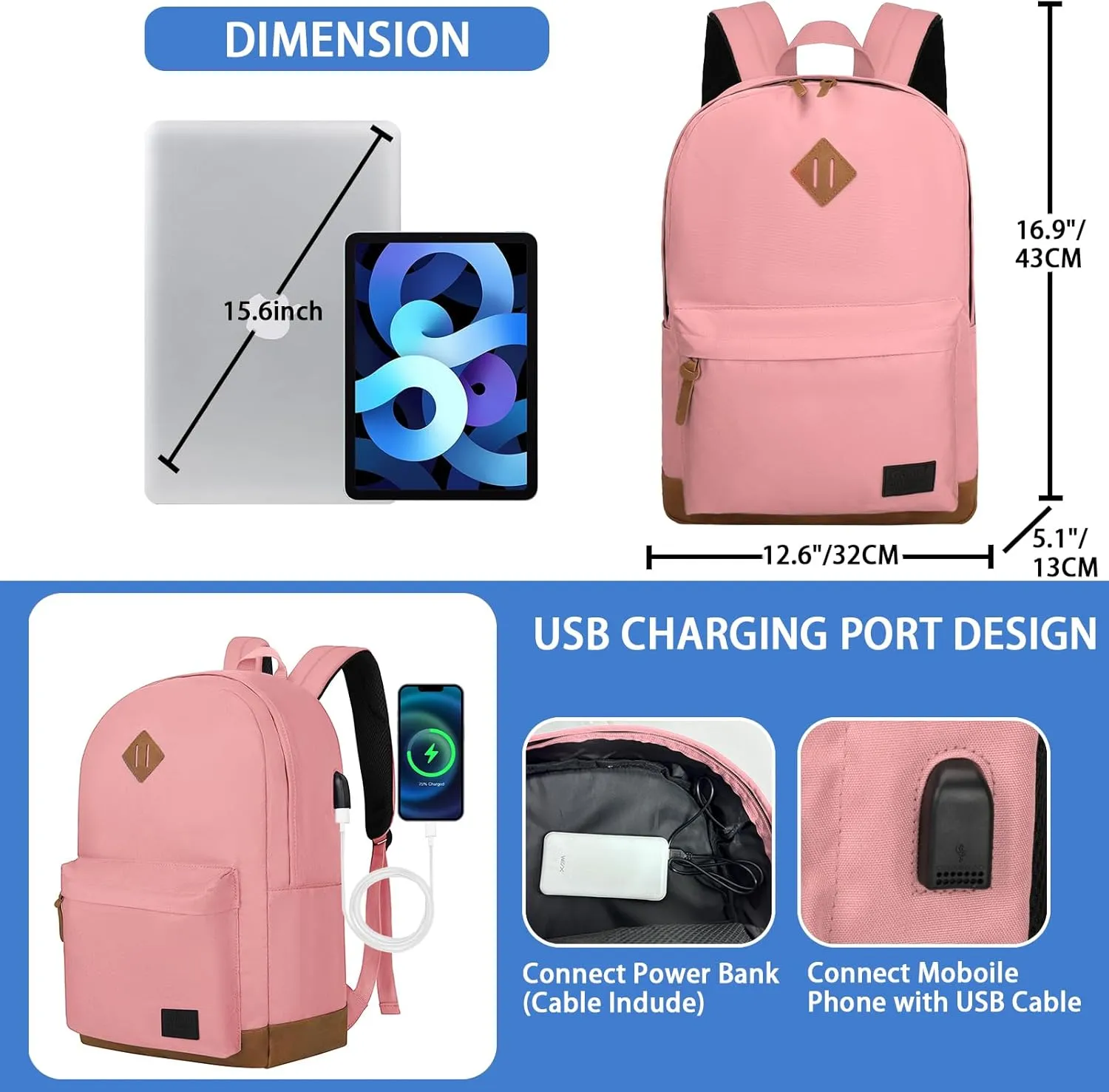 Goloni Classic Backpack with USB Charging Port,Water Resistant Anti-Theft Travel Backpack for Men & Women,Laptop Backpack,Fits 17.3 Inch Laptop,Pink