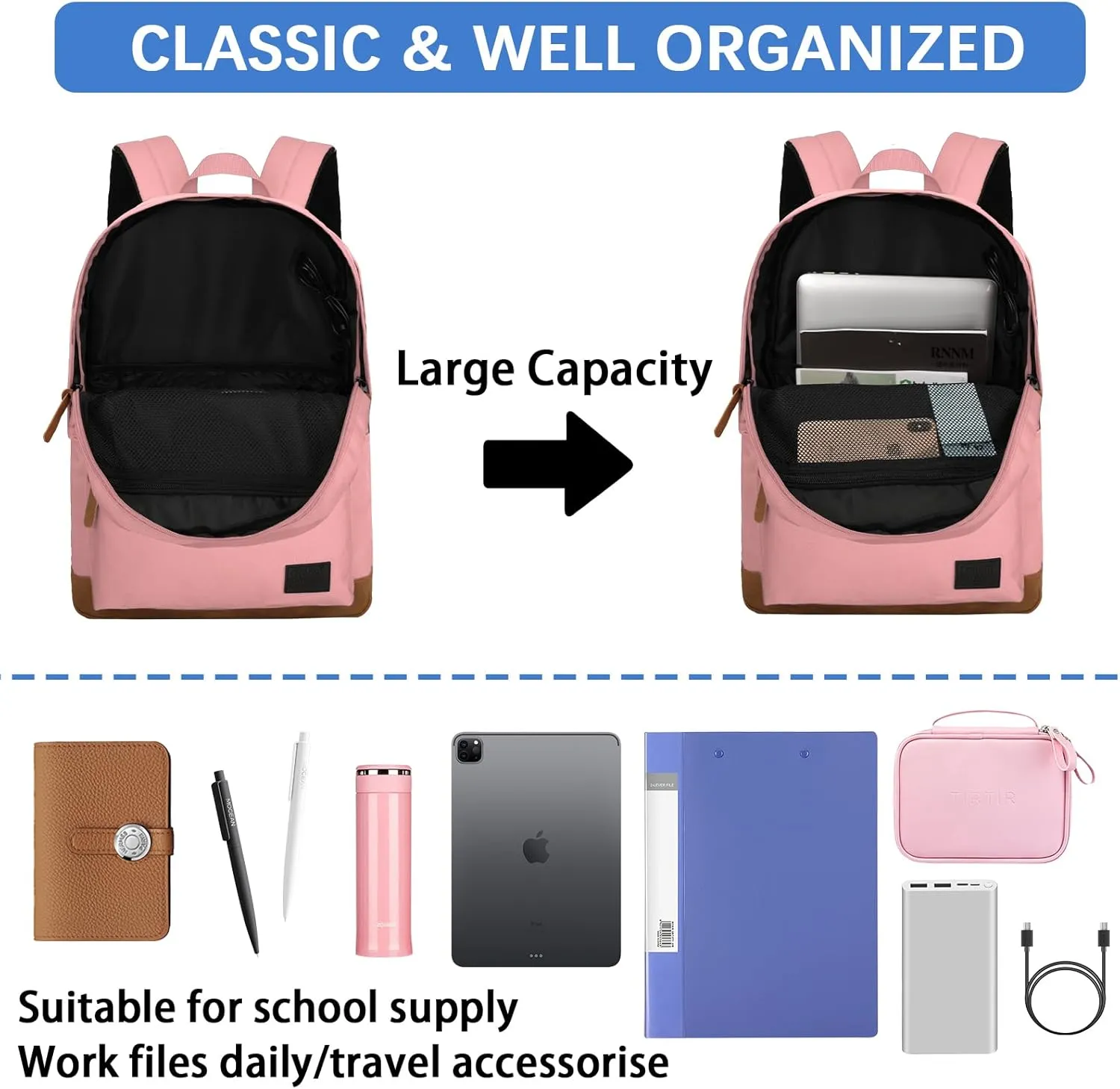 Goloni Classic Backpack with USB Charging Port,Water Resistant Anti-Theft Travel Backpack for Men & Women,Laptop Backpack,Fits 17.3 Inch Laptop,Pink