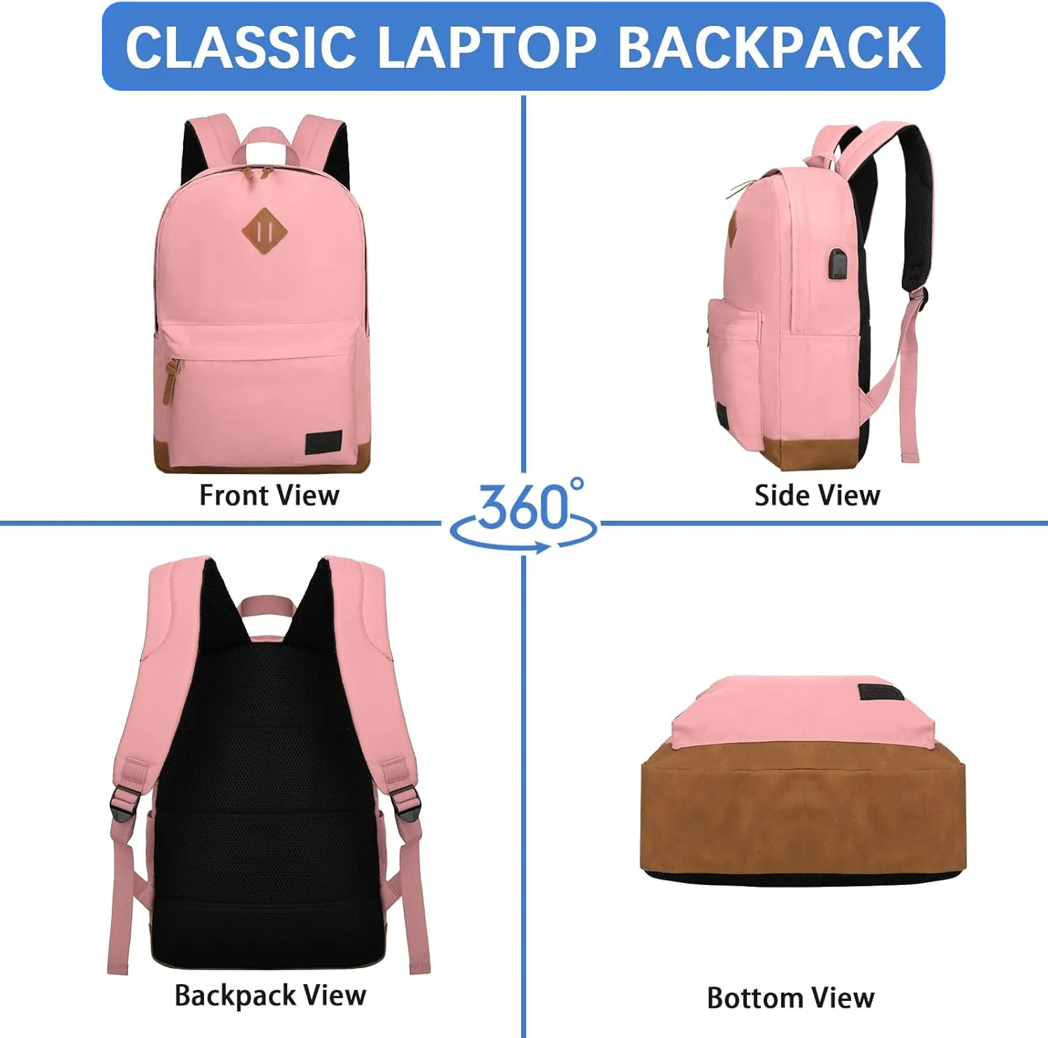 Goloni Classic Backpack with USB Charging Port,Water Resistant Anti-Theft Travel Backpack for Men & Women,Laptop Backpack,Fits 17.3 Inch Laptop,Pink