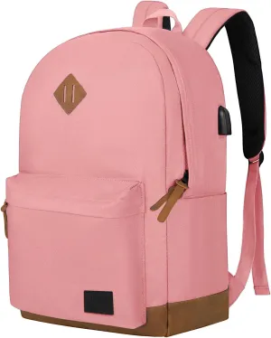 Goloni Classic Backpack with USB Charging Port,Water Resistant Anti-Theft Travel Backpack for Men & Women,Laptop Backpack,Fits 17.3 Inch Laptop,Pink
