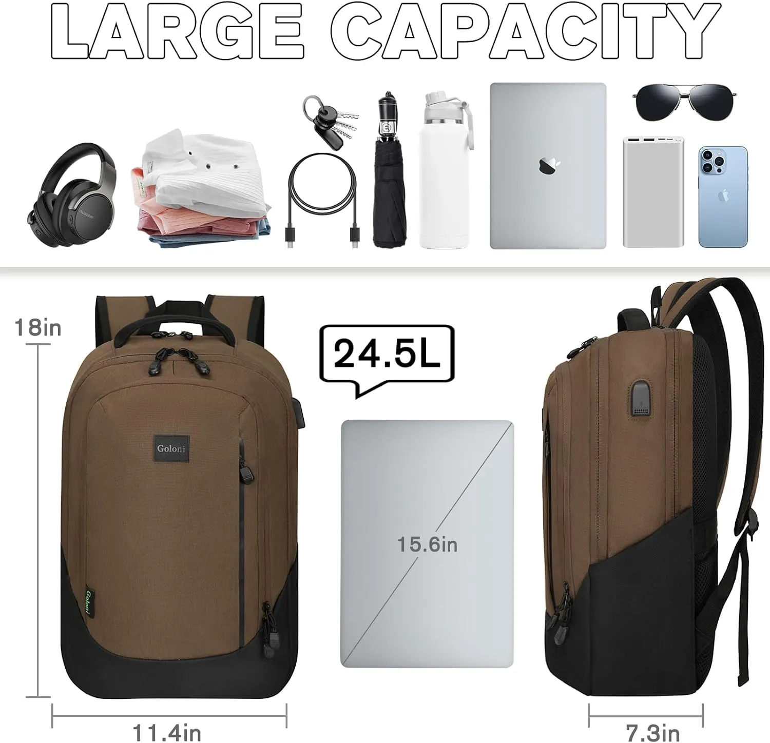 Goloni Multi-functional Travel Backpack, Large Capacity for Men Women Waterproof Business Work Bag, College Laptop Backpack with USB Charging Port, Suitable for 17-inch Computers