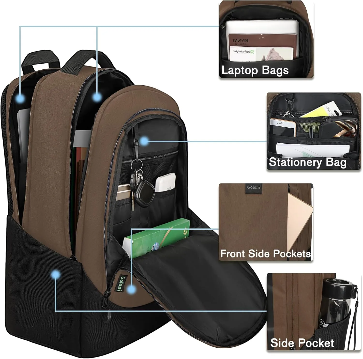 Goloni Multi-functional Travel Backpack, Large Capacity for Men Women Waterproof Business Work Bag, College Laptop Backpack with USB Charging Port, Suitable for 17-inch Computers